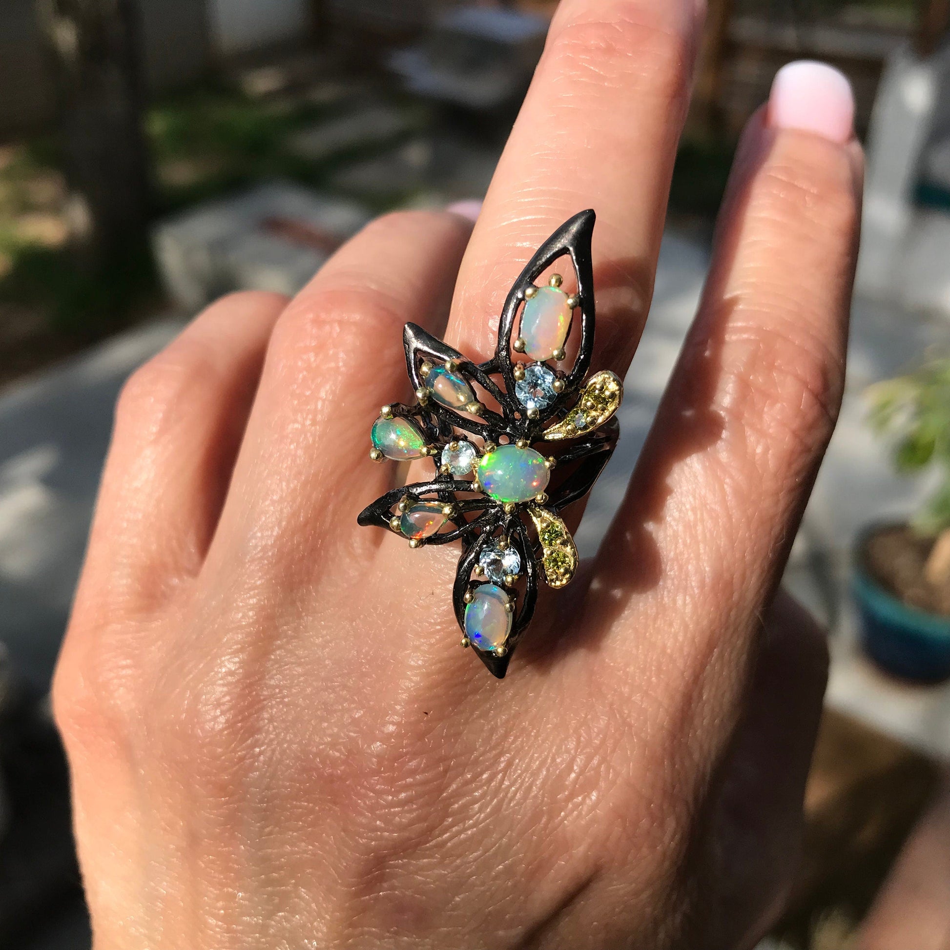 Sterling SilverNatural  flash Opal huge statement butterfly Ring 7.5 Colors Of Etnika