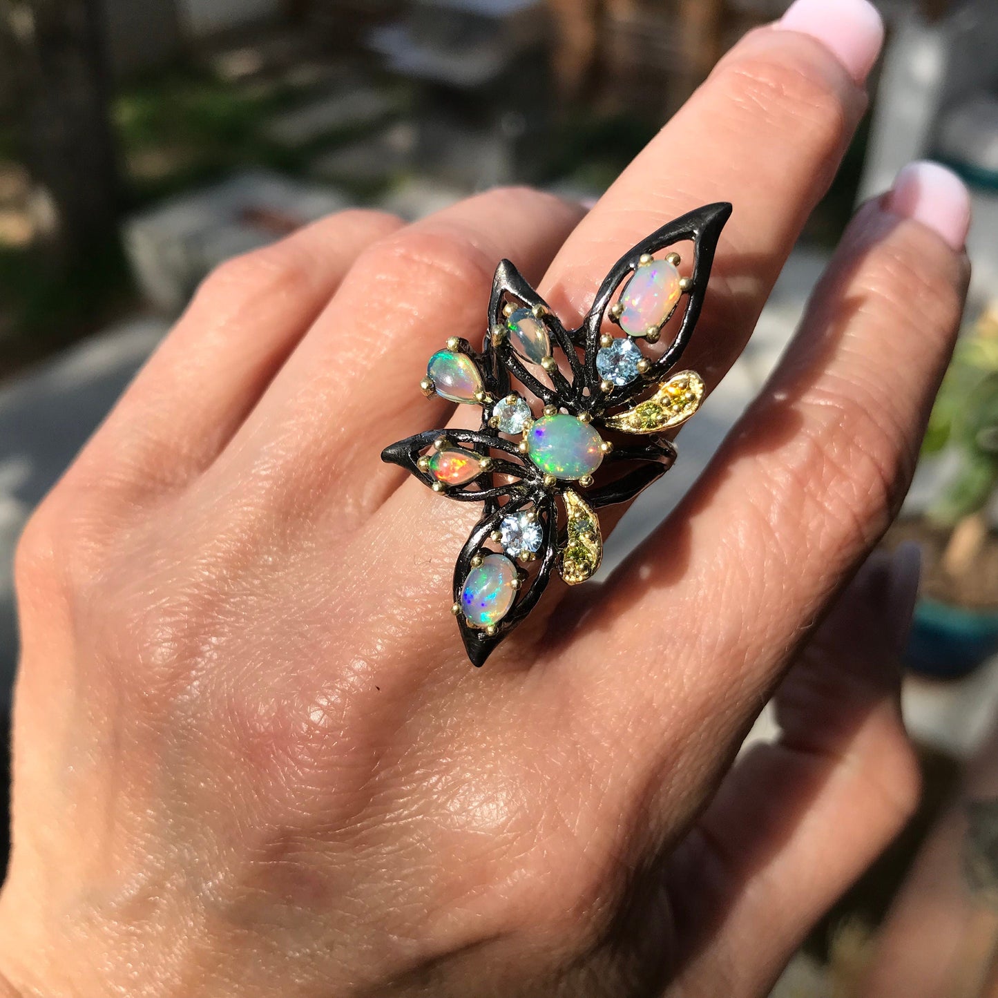 Sterling SilverNatural  flash Opal huge statement butterfly Ring 7.5 Colors Of Etnika