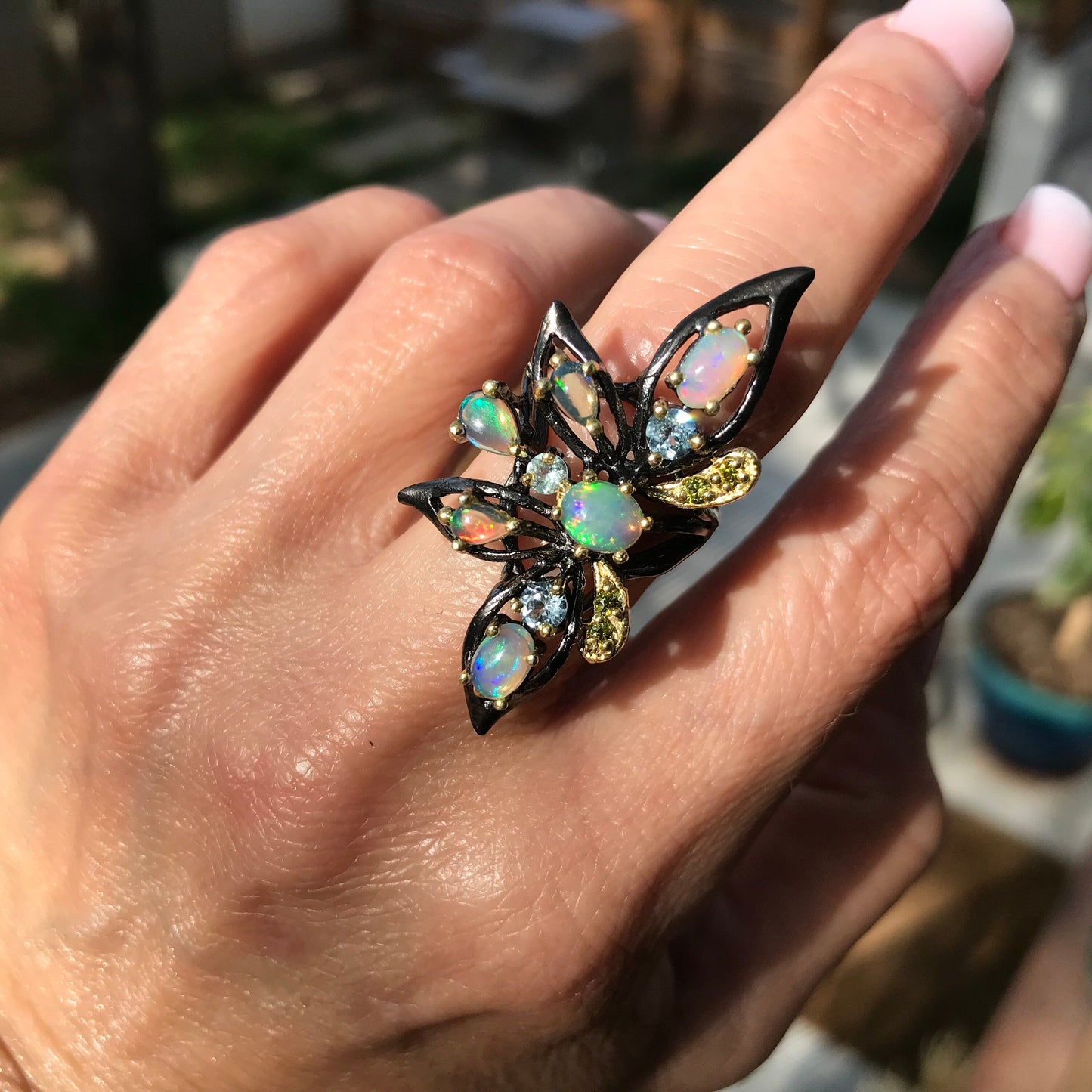 Sterling SilverNatural  flash Opal huge statement butterfly Ring 7.5 Colors Of Etnika