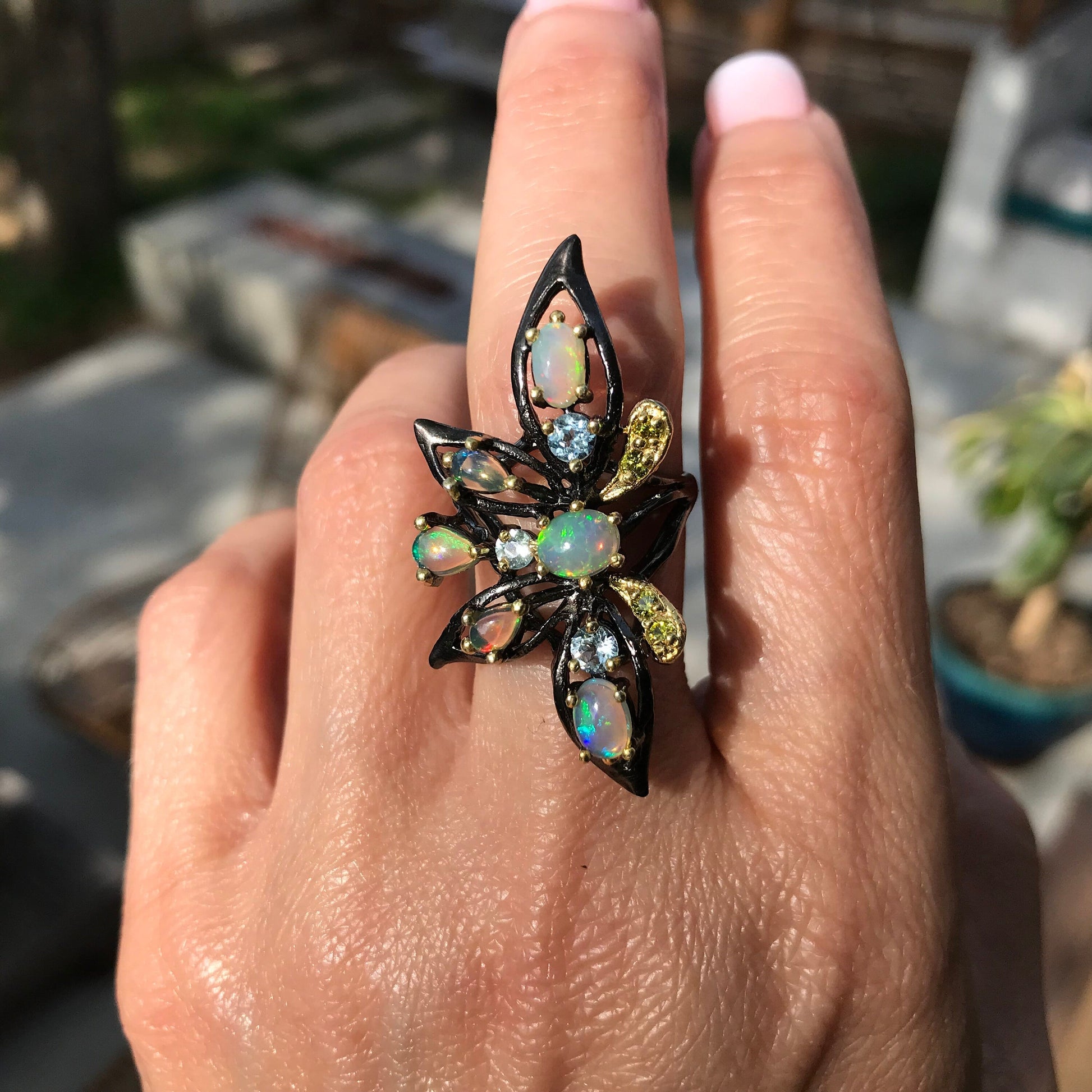 Sterling SilverNatural  flash Opal huge statement butterfly Ring 7.5 Colors Of Etnika
