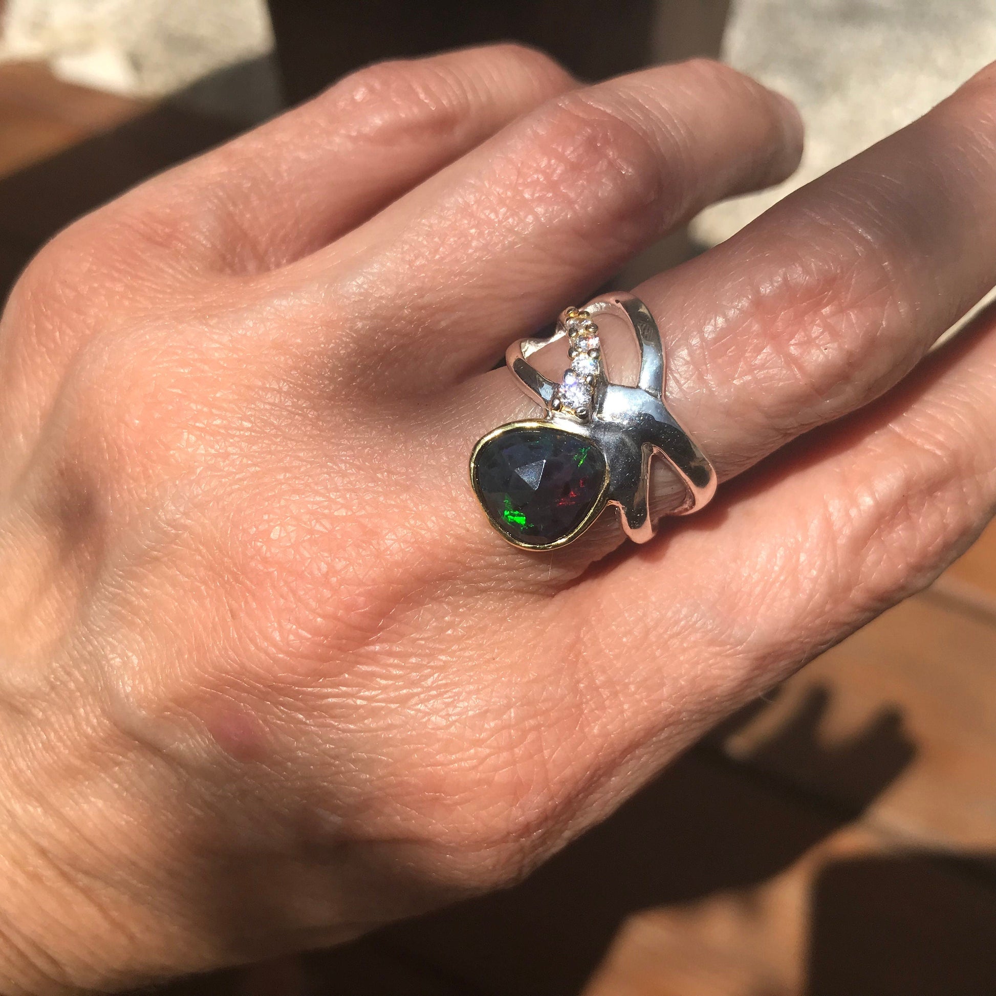 Sterling Silver natural black Opal band ring 6.5 Colors Of Etnika