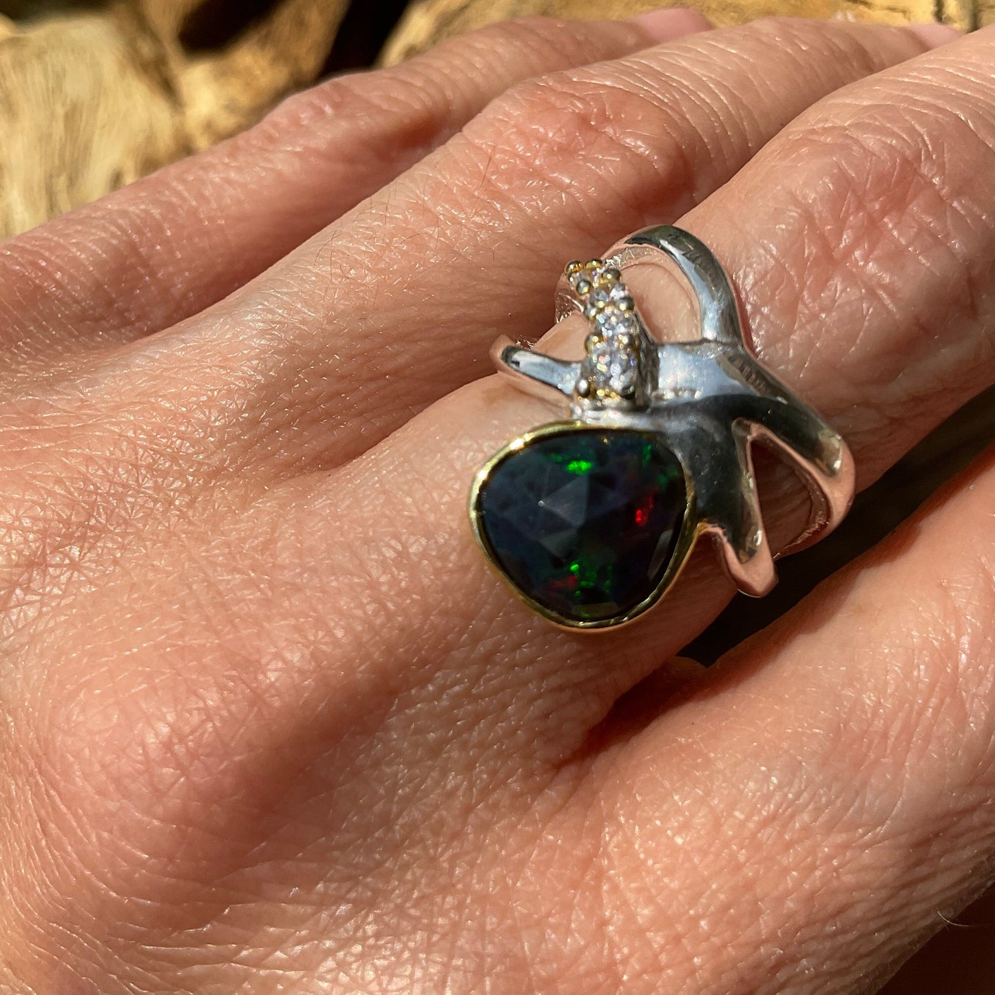 Sterling Silver natural black Opal band ring 6.5 Colors Of Etnika