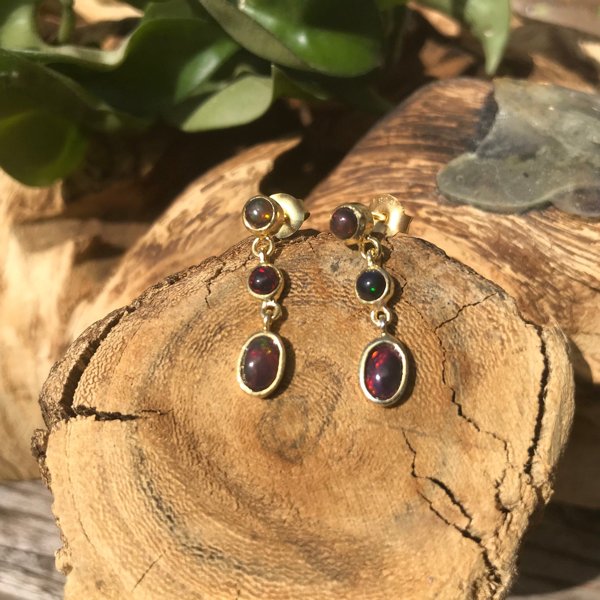 Sterling Silver natural black rainbow opal gold dangle  earrings Colors Of Etnika