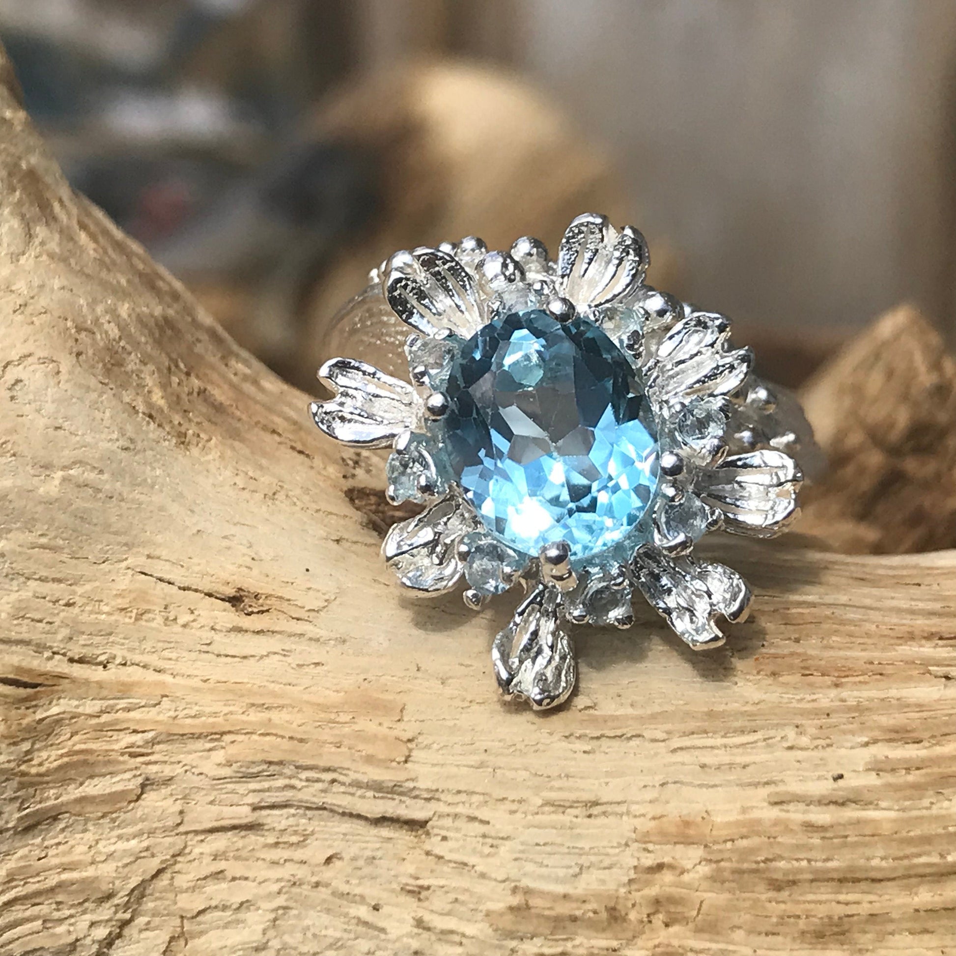 Sterling Silver natural  art blue topaz ring handmade 6.5 Colors Of Etnika