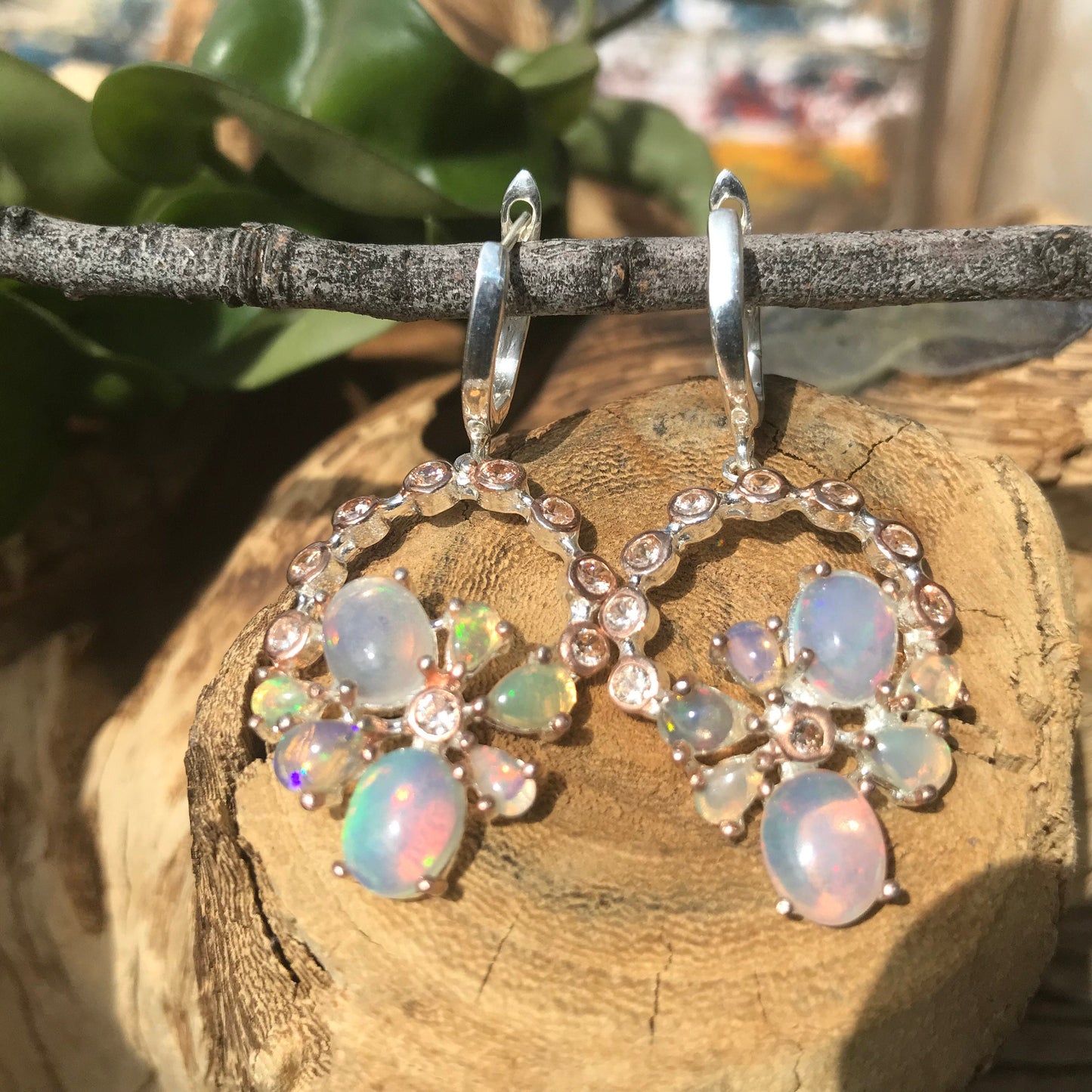Sterling Silver Natural fire Opal dangle topaz  Earrings Colors Of Etnika