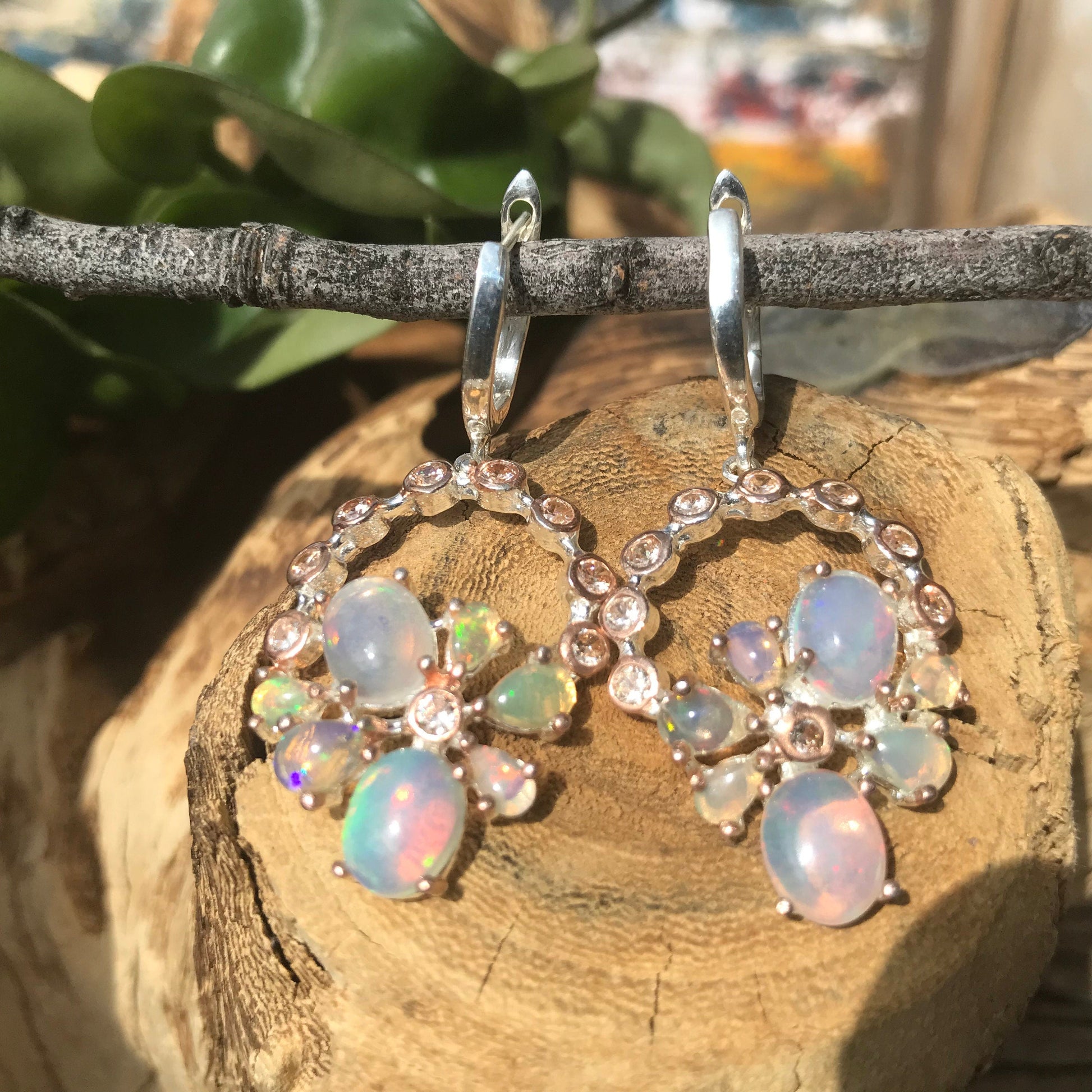 Sterling Silver Natural fire Opal dangle topaz  Earrings Colors Of Etnika