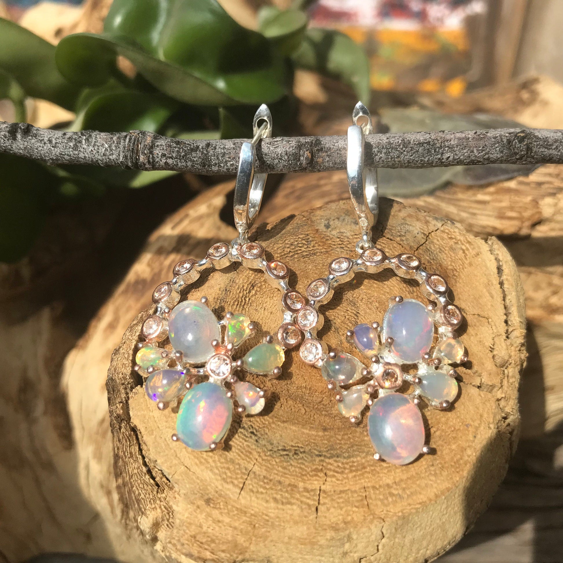 Sterling Silver Natural fire Opal dangle topaz  Earrings Colors Of Etnika