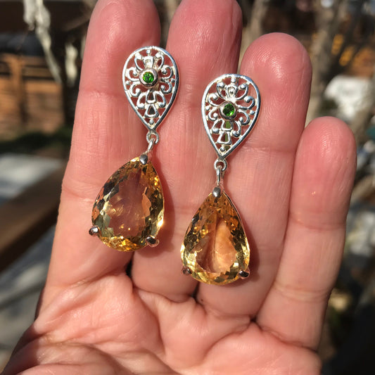 Sterling silver natural citrine pear shape statement earrings