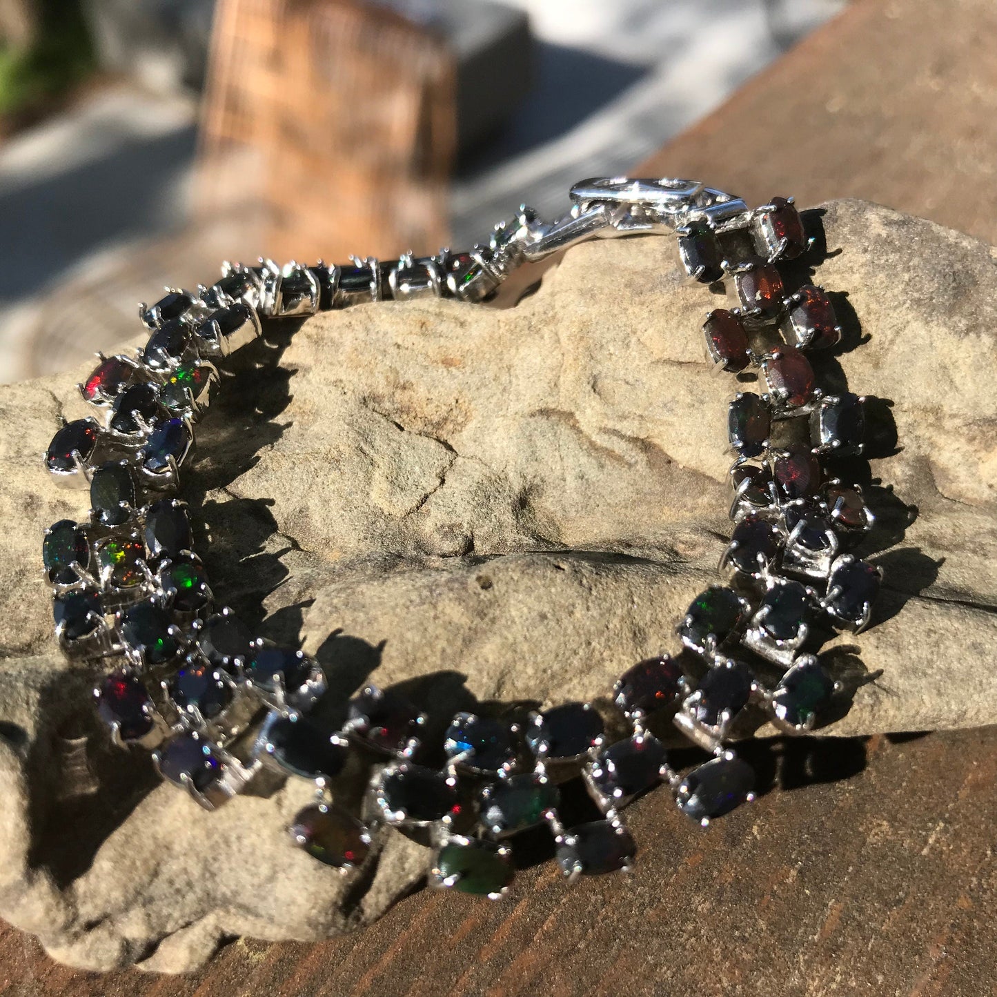 Sterling Silver Natural Black fire Opal tenis bracelet Colors Of Etnika