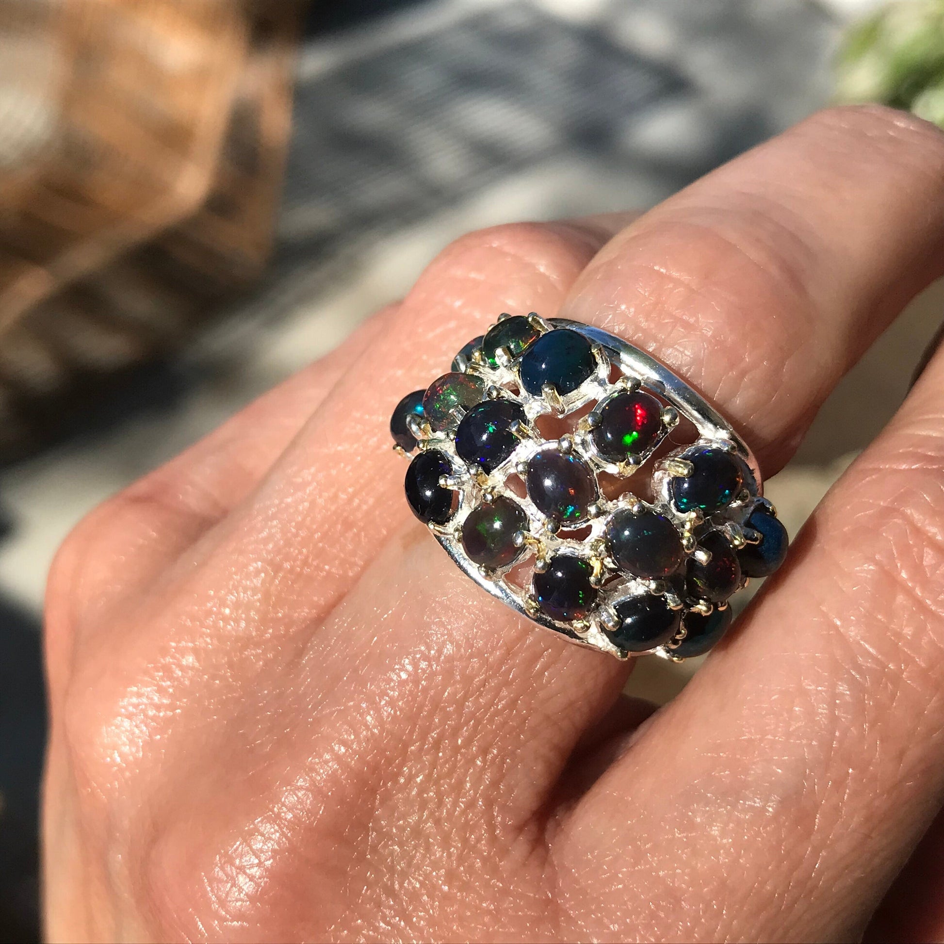 Sterling Silver black blue Fire Opal statement ring 6 mesmerizing Colors Of Etnika