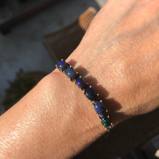 Sterling Silver Natural Black blue fire Opal tenis bracelet