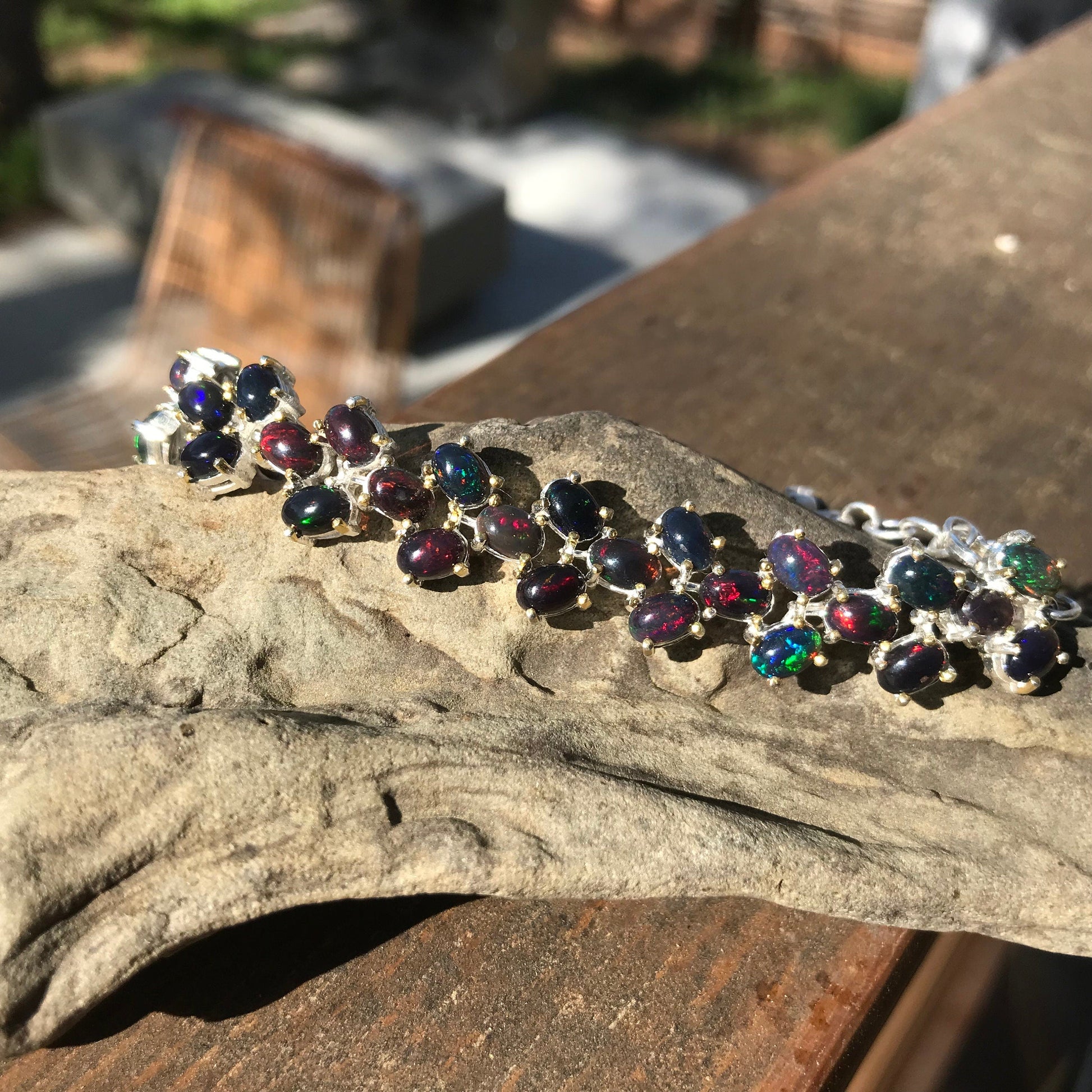 Sterling Silver Natural Black fire mesmerizing Opal tenis bracelet Colors Of Etnika