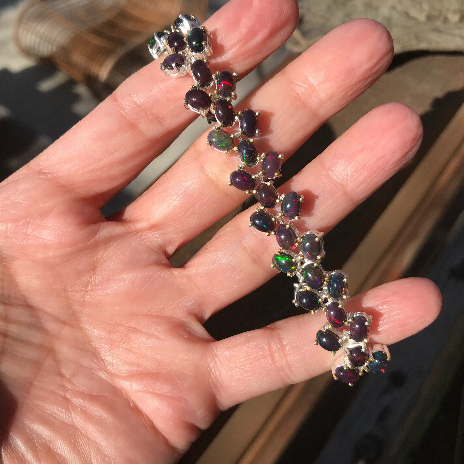 Sterling Silver Natural Black fire mesmerizing Opal tenis bracelet Colors Of Etnika