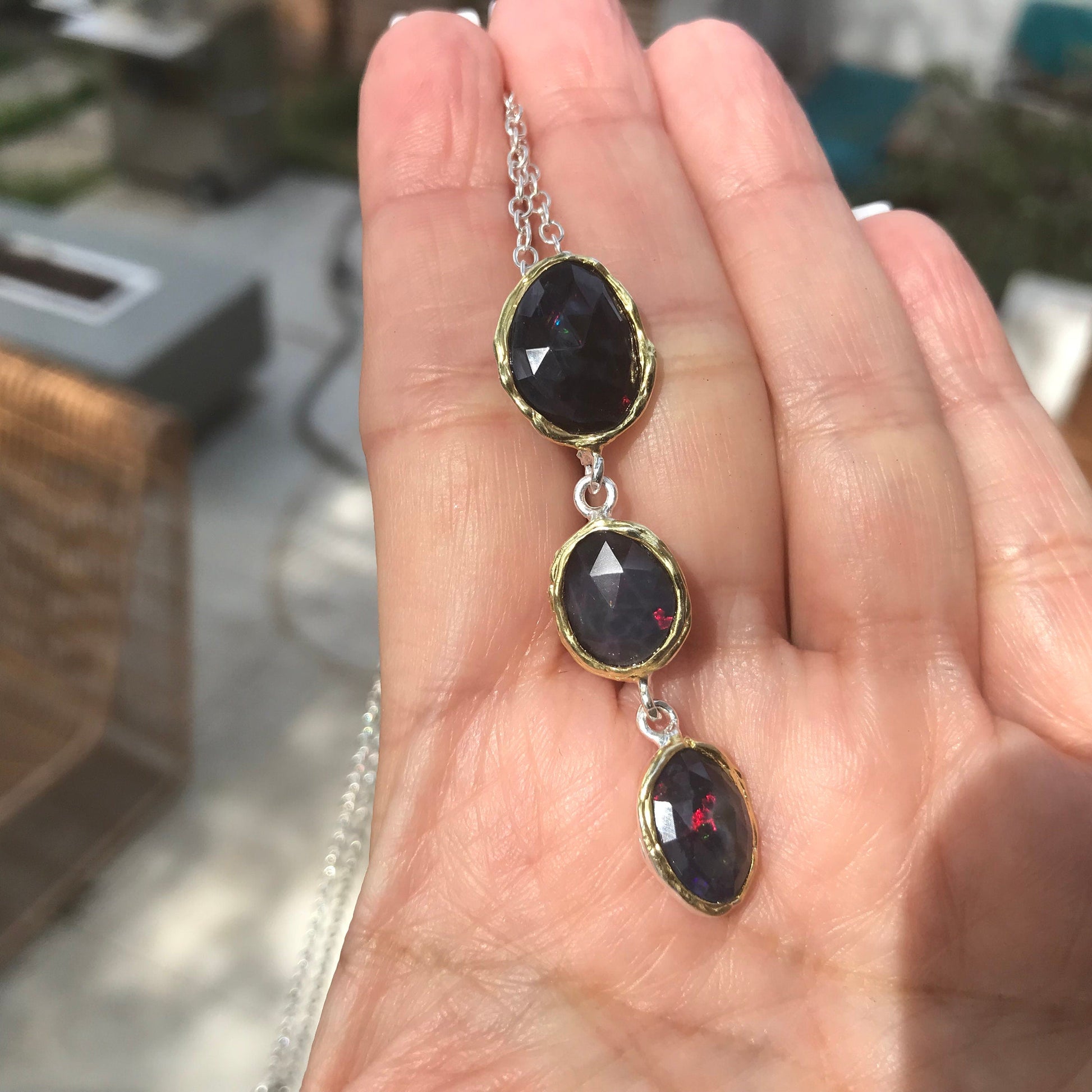 Natural black Fire opal Sterling Silver pendant Necklace 18” Colors Of Etnika