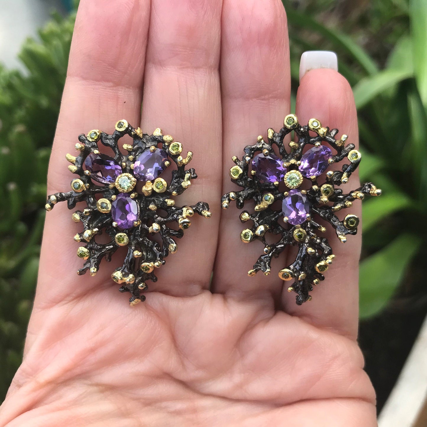 Sterling silver dark amethyst large stud organic Earrings Colors Of Etnika