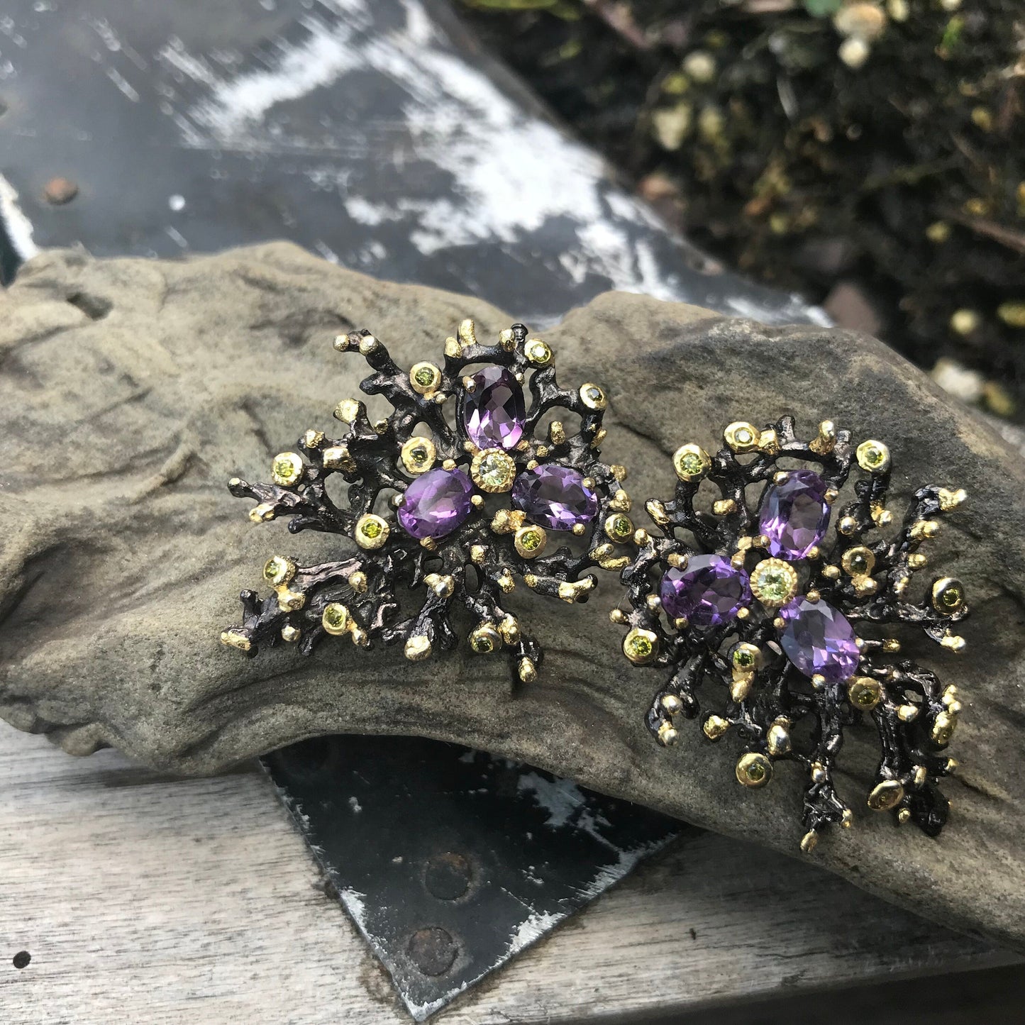 Sterling silver dark amethyst large stud organic Earrings Colors Of Etnika