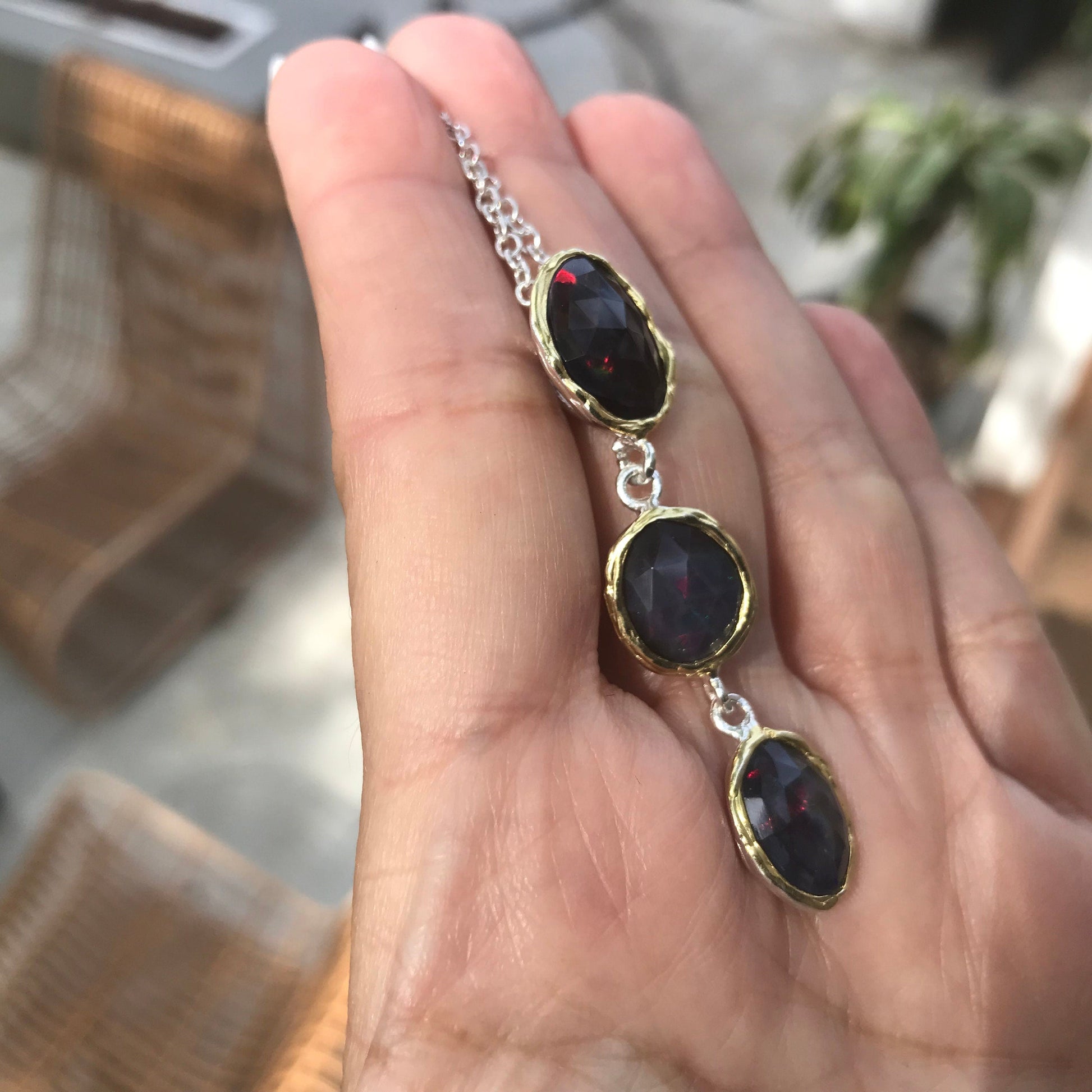 Natural black Fire opal Sterling Silver pendant Necklace 18” Colors Of Etnika