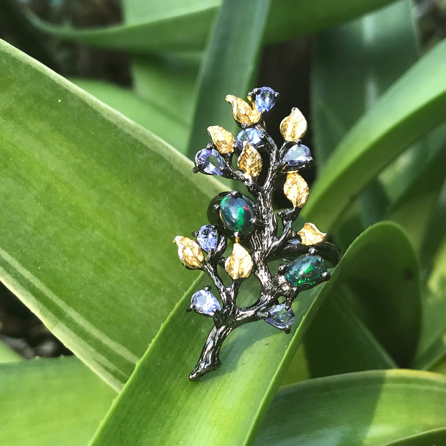 Sterling  silver natural fire black opal lolite floral Ring 6.5
