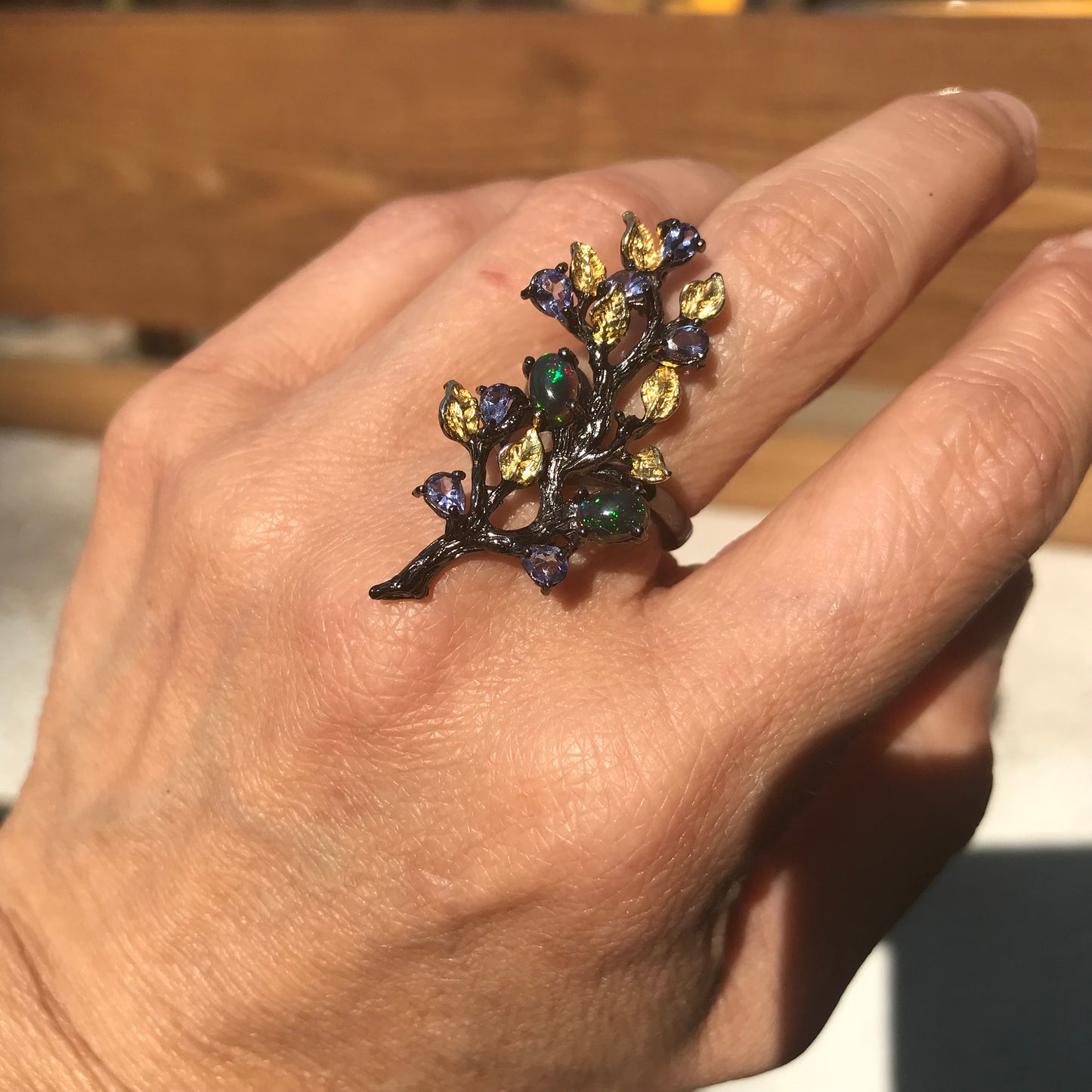 Sterling  silver natural fire black opal lolite floral Ring 6.5