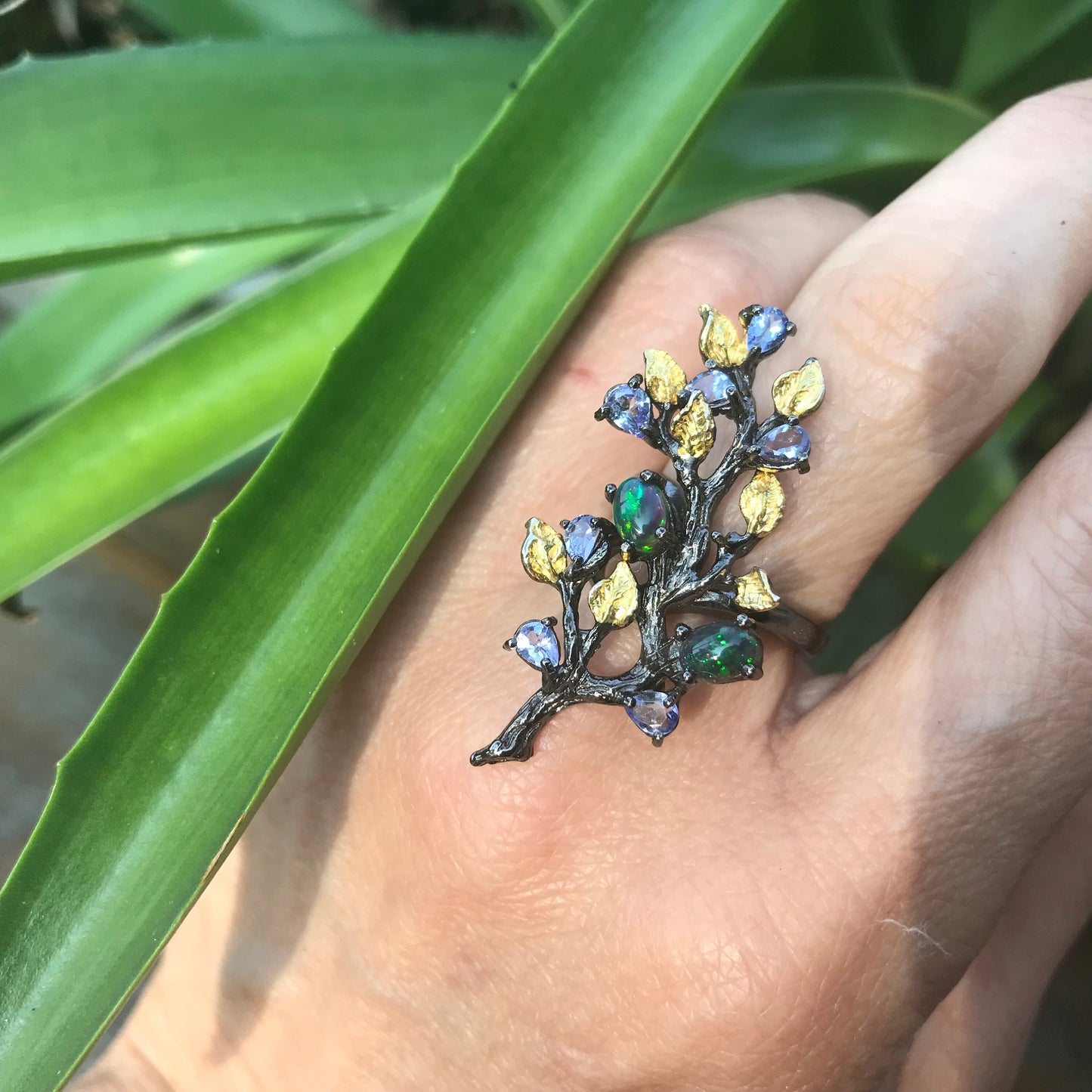 Sterling  silver natural fire black opal lolite floral Ring 6.5