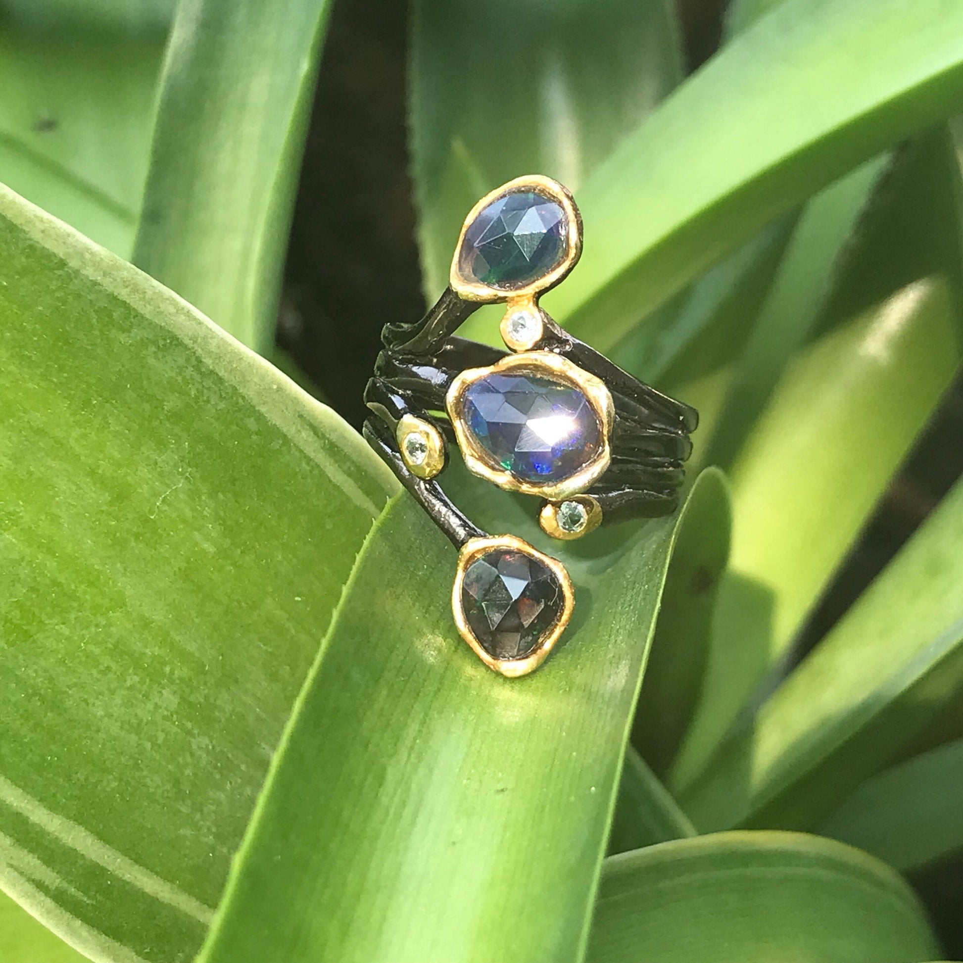 Sterling Silver  Black Fire Opal abstract brutalist ring 8 Colors Of Etnika