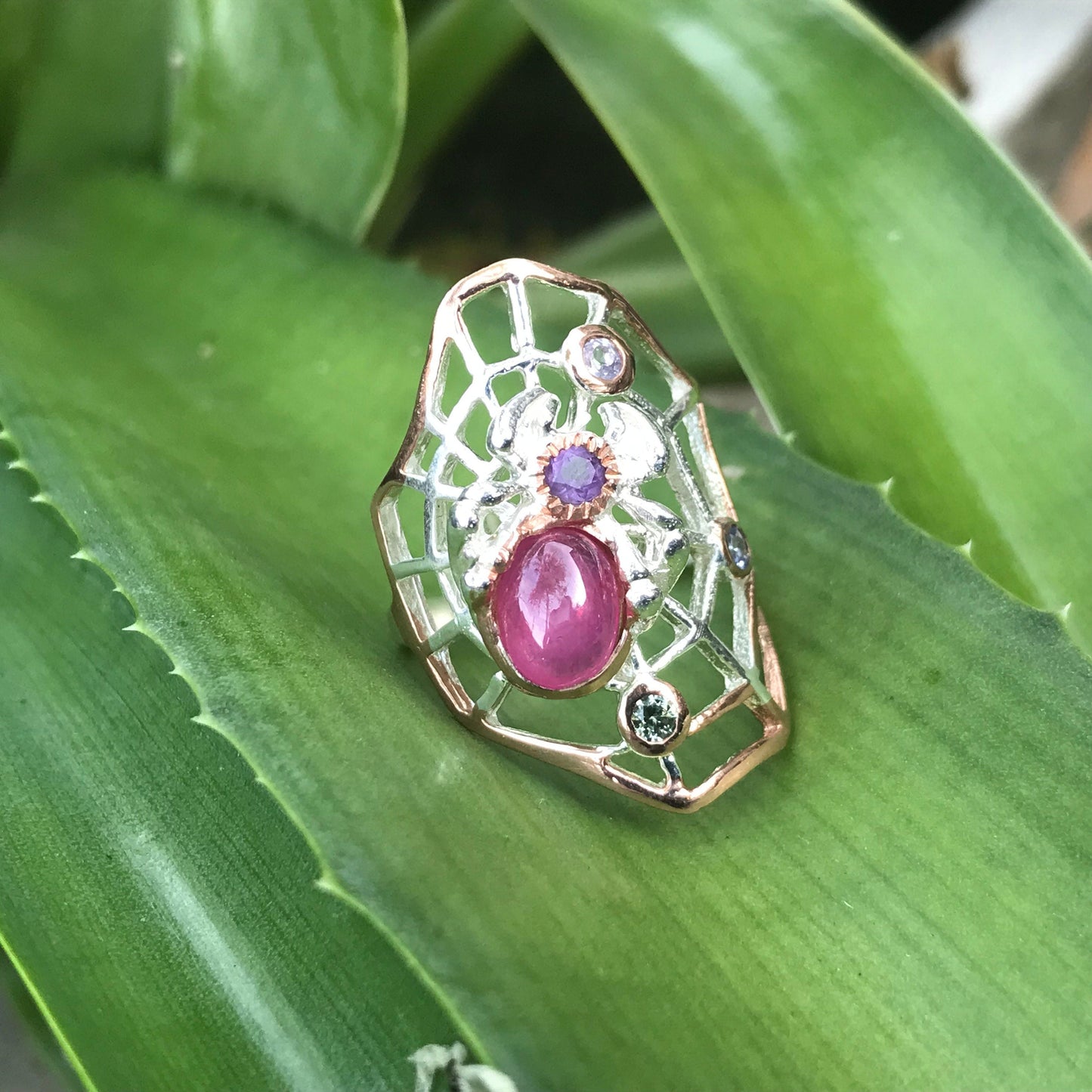 Sterling Silver ruby spider web ring 7.5 Colors Of Etnika