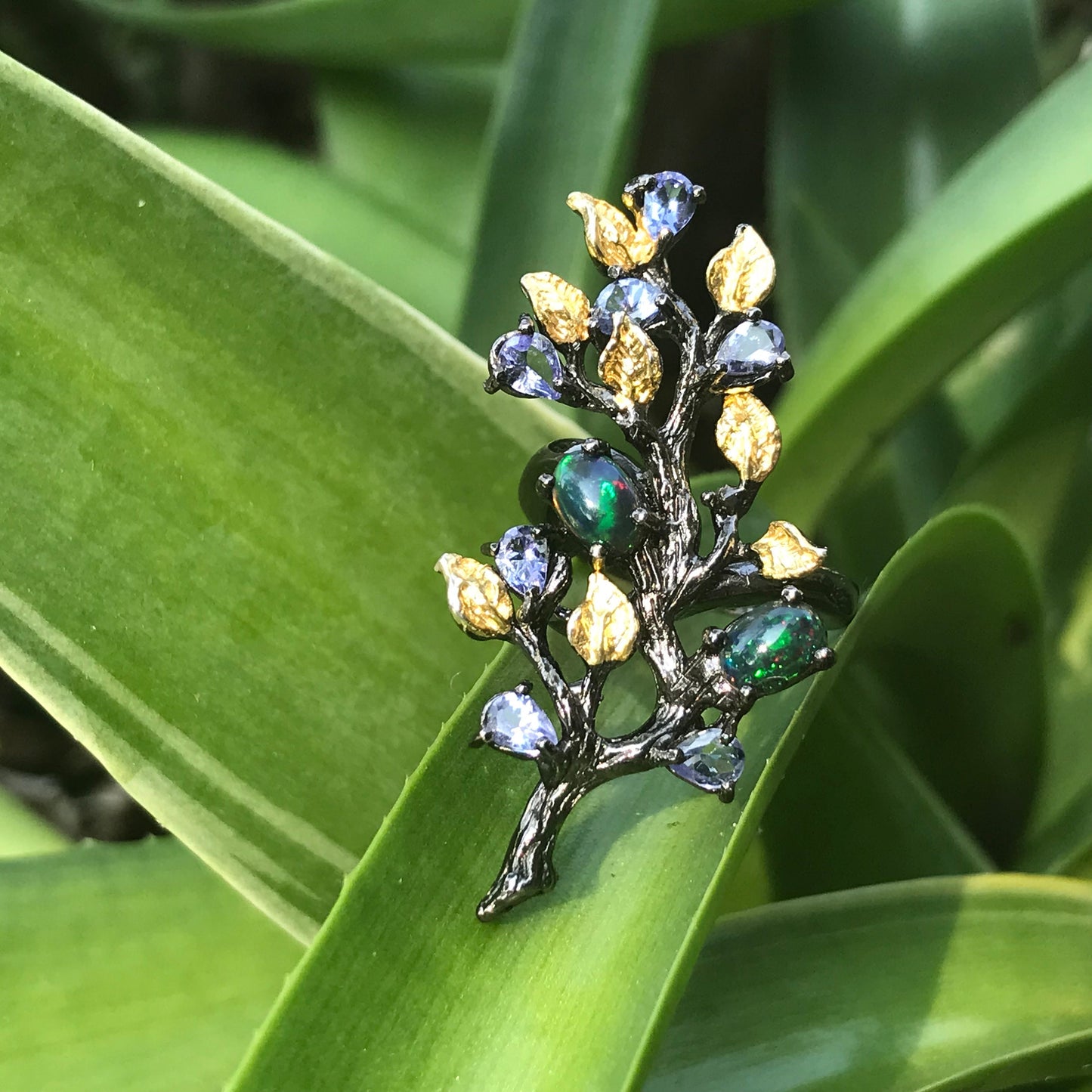 Sterling  silver natural fire black opal lolite floral Ring 6.5