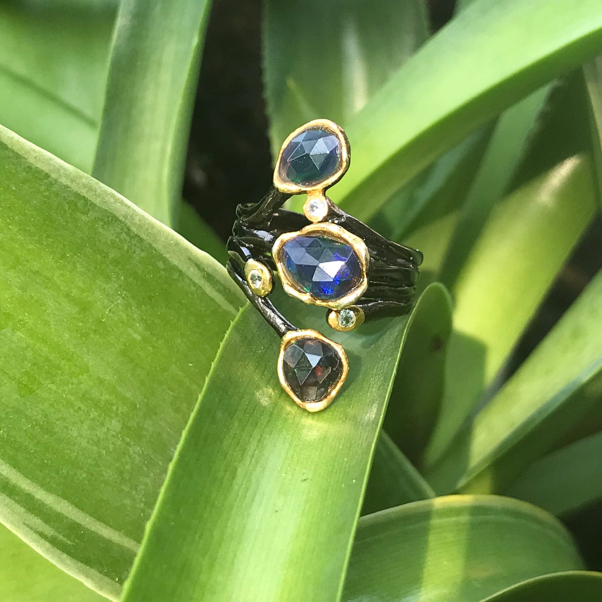 Sterling Silver  Black Fire Opal abstract brutalist ring 8 Colors Of Etnika