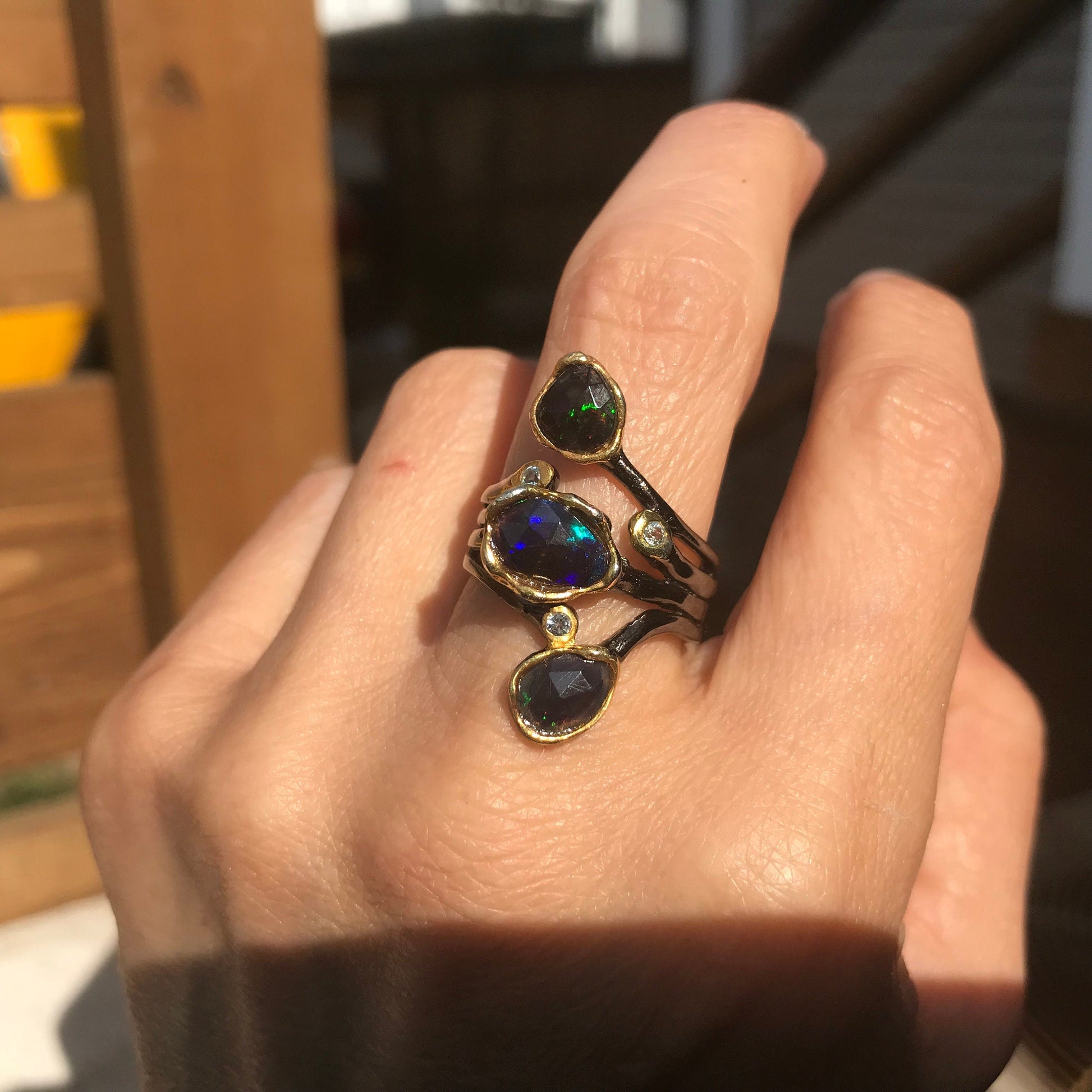 Sterling Silver  Black Fire Opal abstract brutalist ring 8 Colors Of Etnika