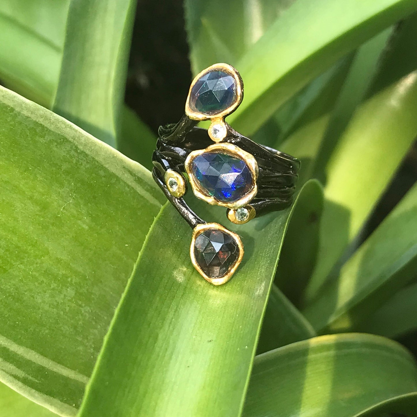 Sterling Silver  Black Fire Opal abstract brutalist ring 8 Colors Of Etnika