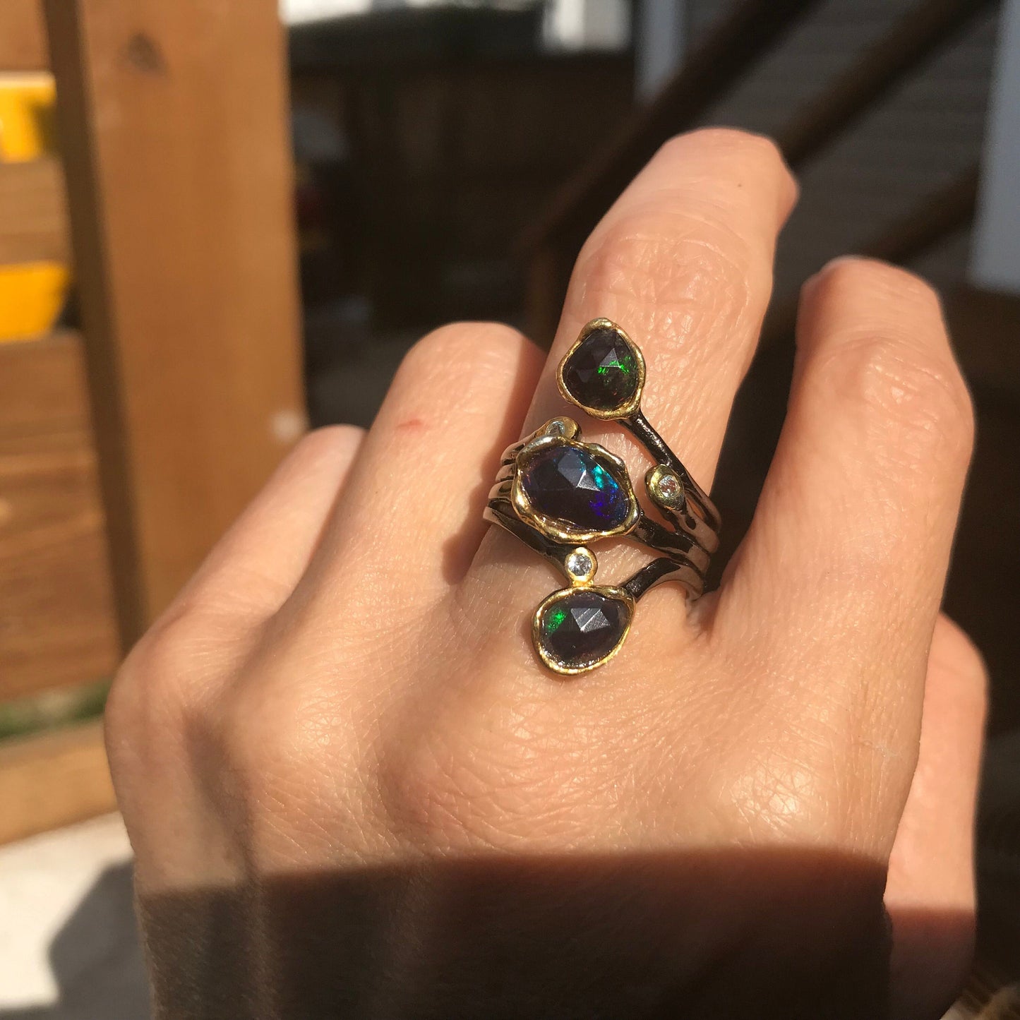 Sterling Silver  Black Fire Opal abstract brutalist ring 8 Colors Of Etnika