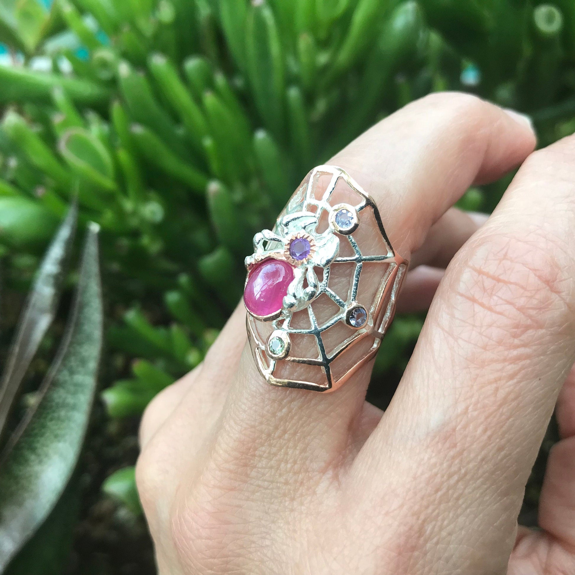 Sterling Silver ruby spider web ring 7.5 Colors Of Etnika