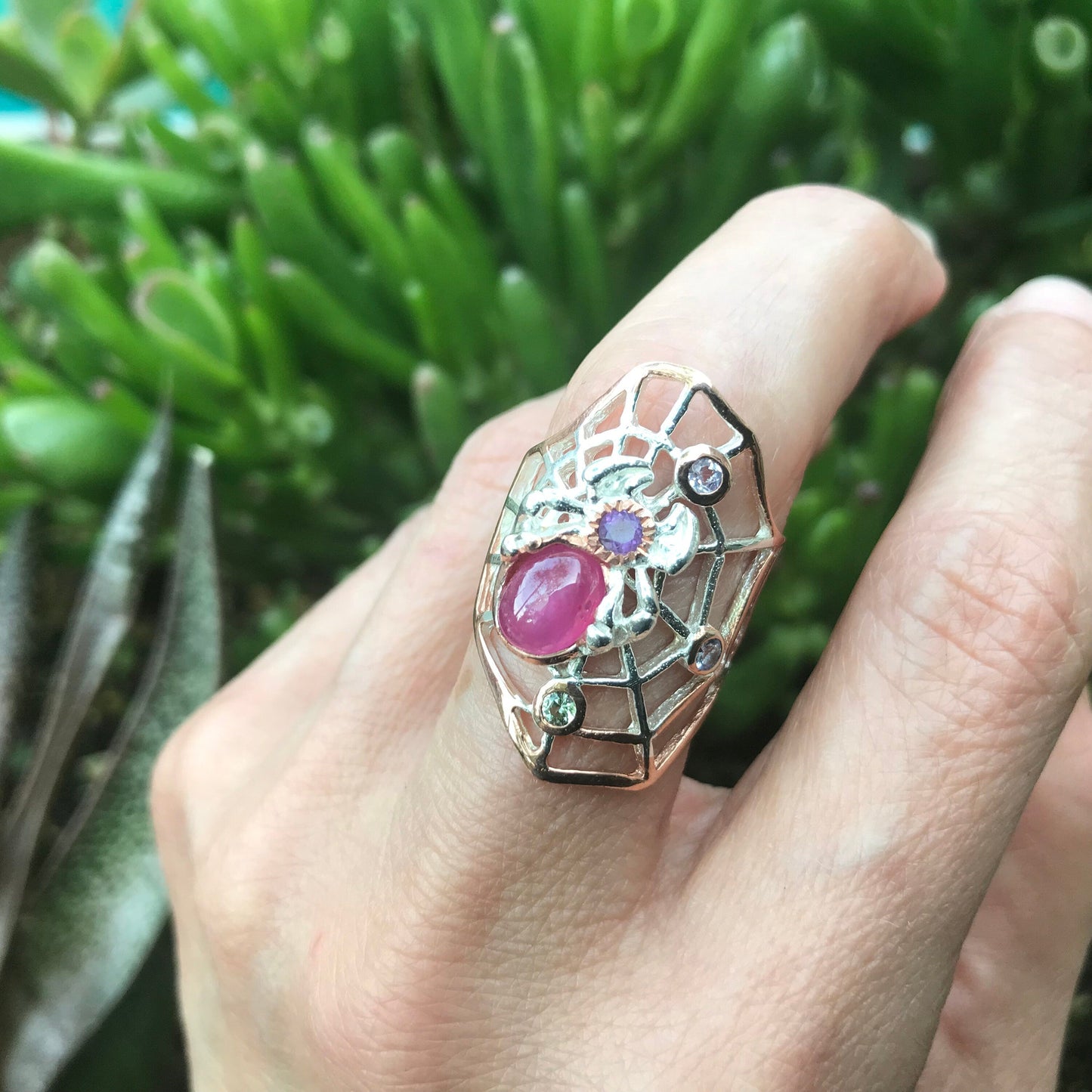 Sterling Silver ruby spider web ring 7.5 Colors Of Etnika