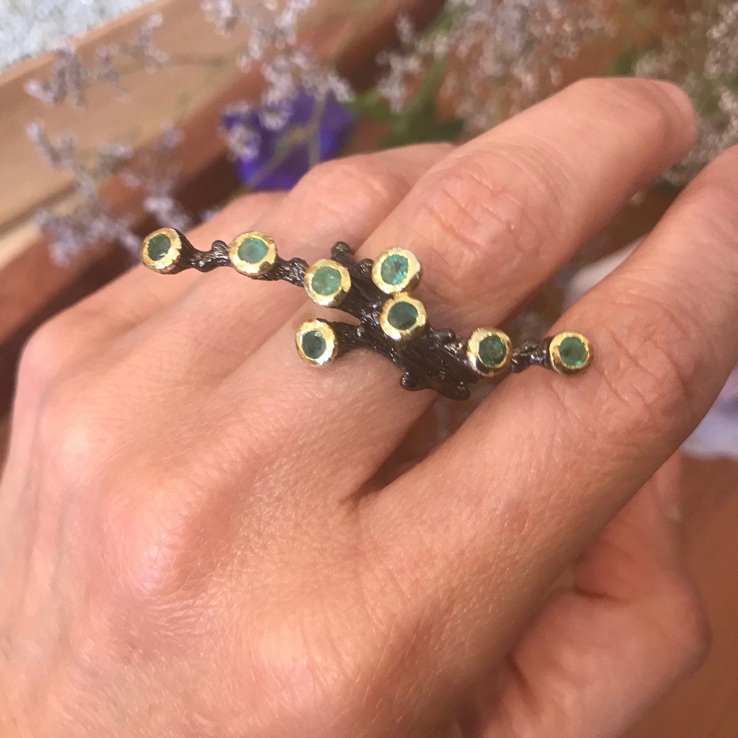 Sterling Silver natural art branch emerald twig ring 8 Colors Of Etnika