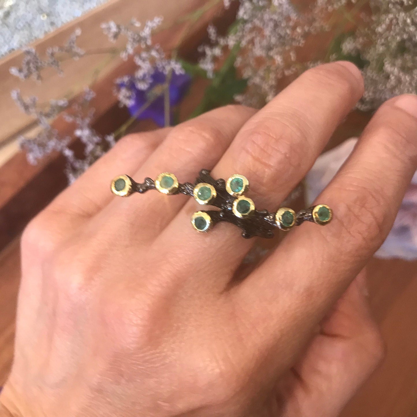 Sterling Silver natural art branch emerald twig ring 8 Colors Of Etnika
