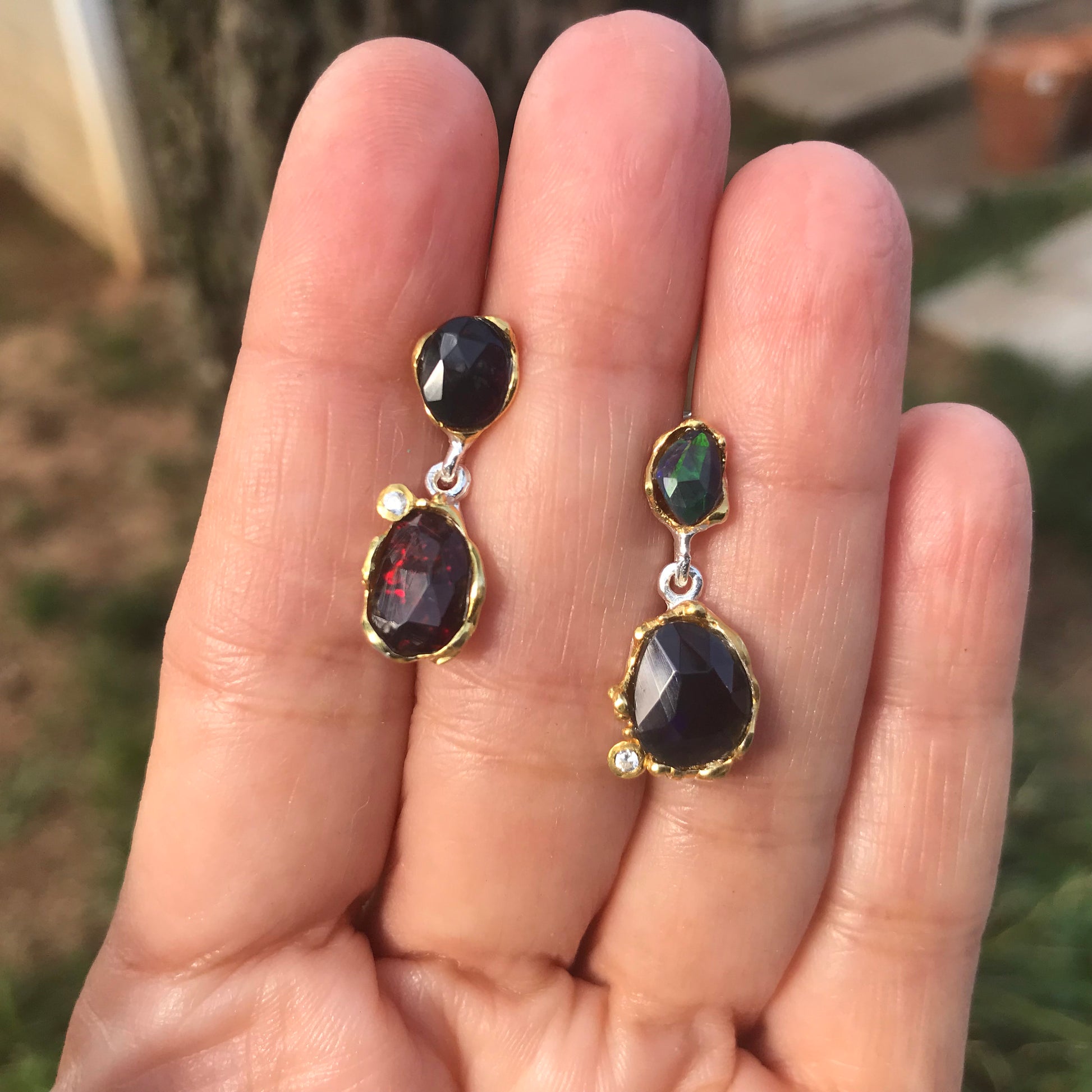 Sterling Silver Natural black red fire Opal heirloom dangle Earrings Colors Of Etnika