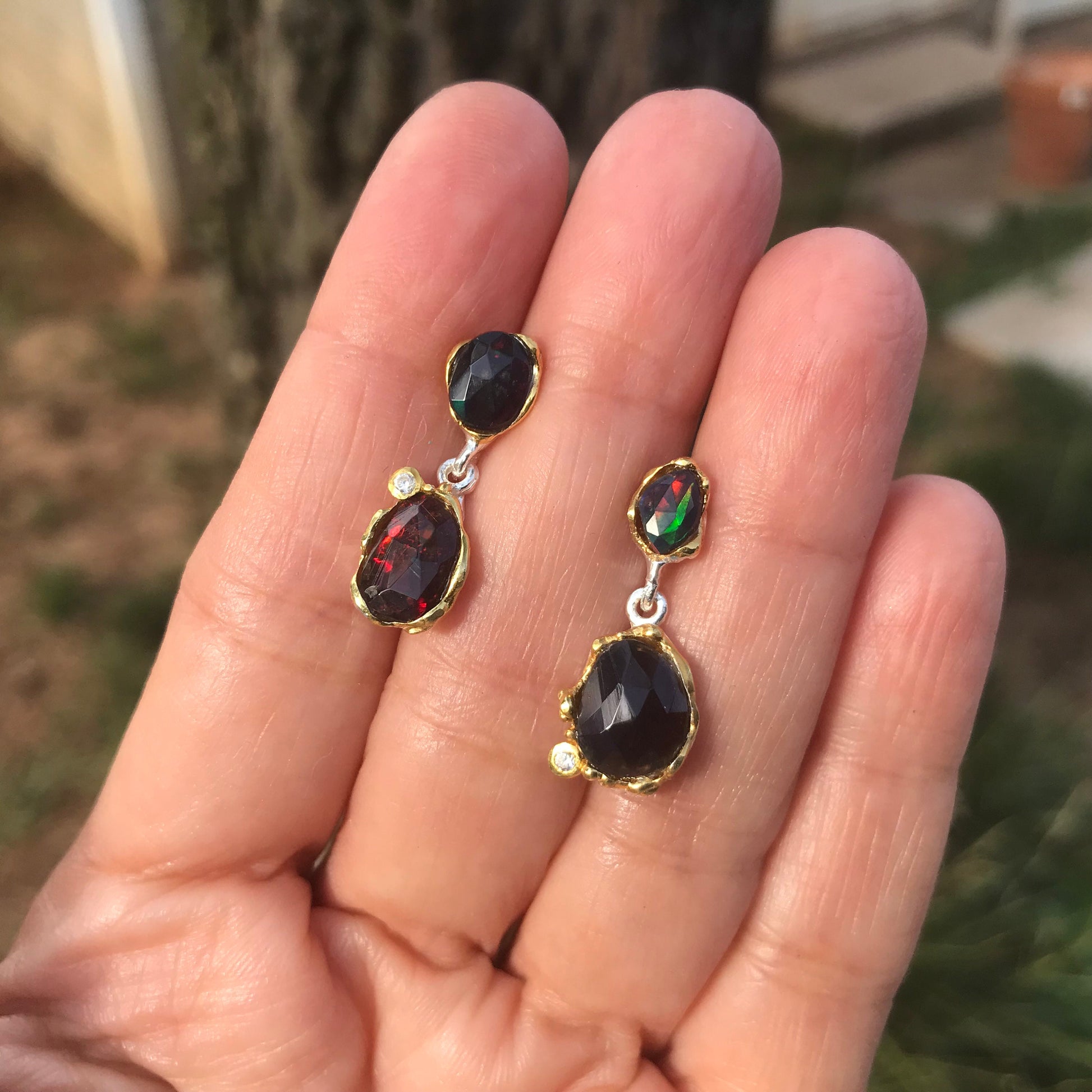 Sterling Silver Natural black red fire Opal heirloom dangle Earrings Colors Of Etnika