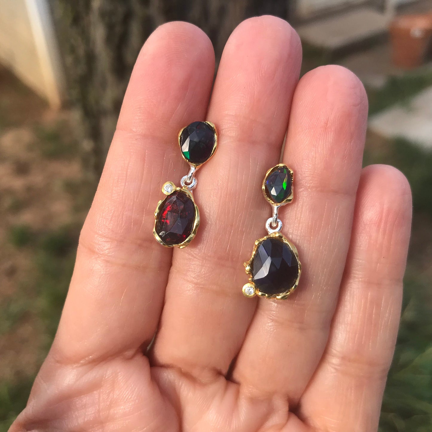 Sterling Silver Natural black red fire Opal heirloom dangle Earrings Colors Of Etnika