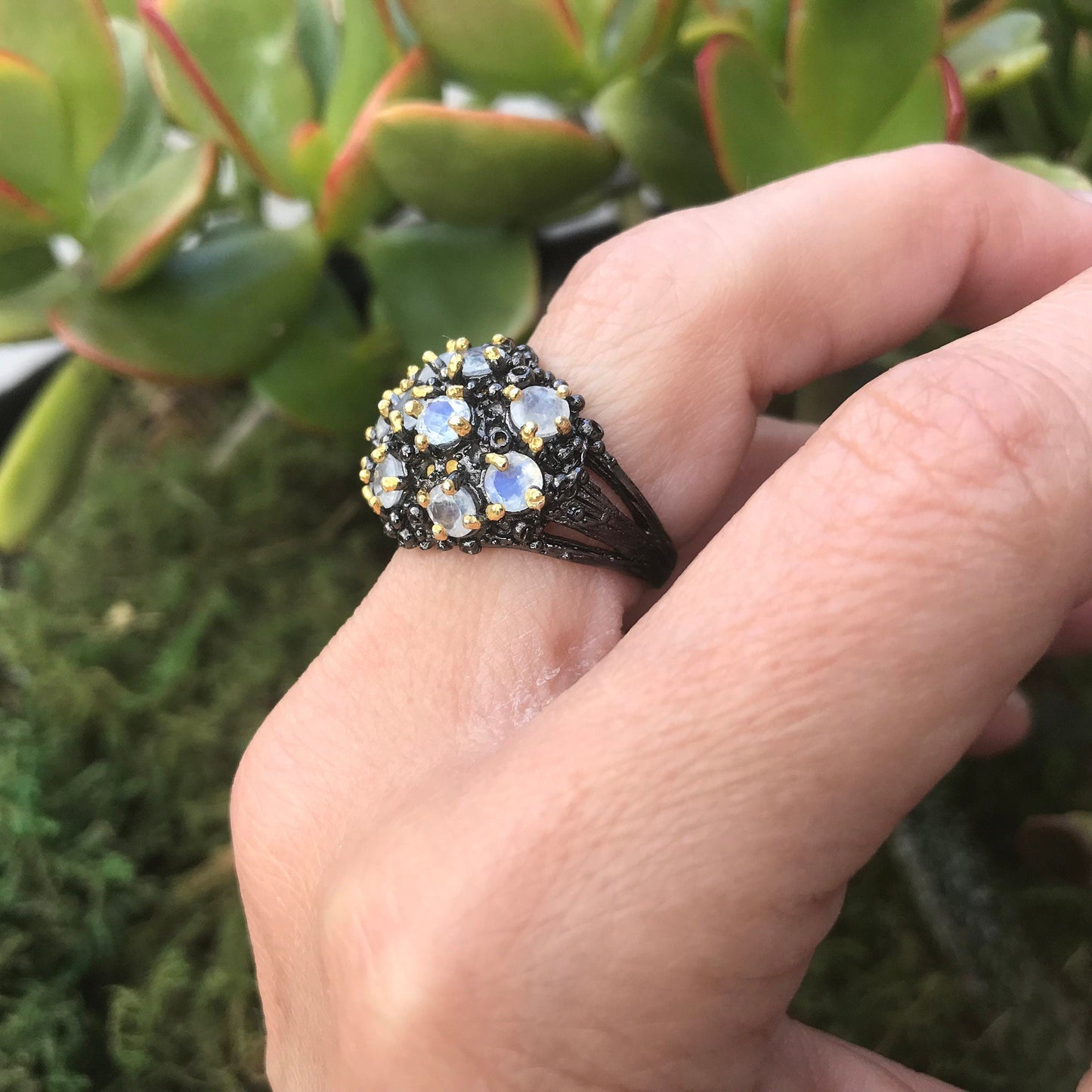 Sterling Silver Natural Moonstone handmade Cluster ring 6.5 Colors Of Etnika