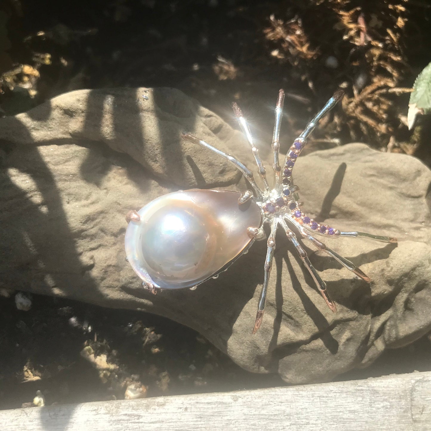 Sterling silver natural shell pearl brooch pin spider