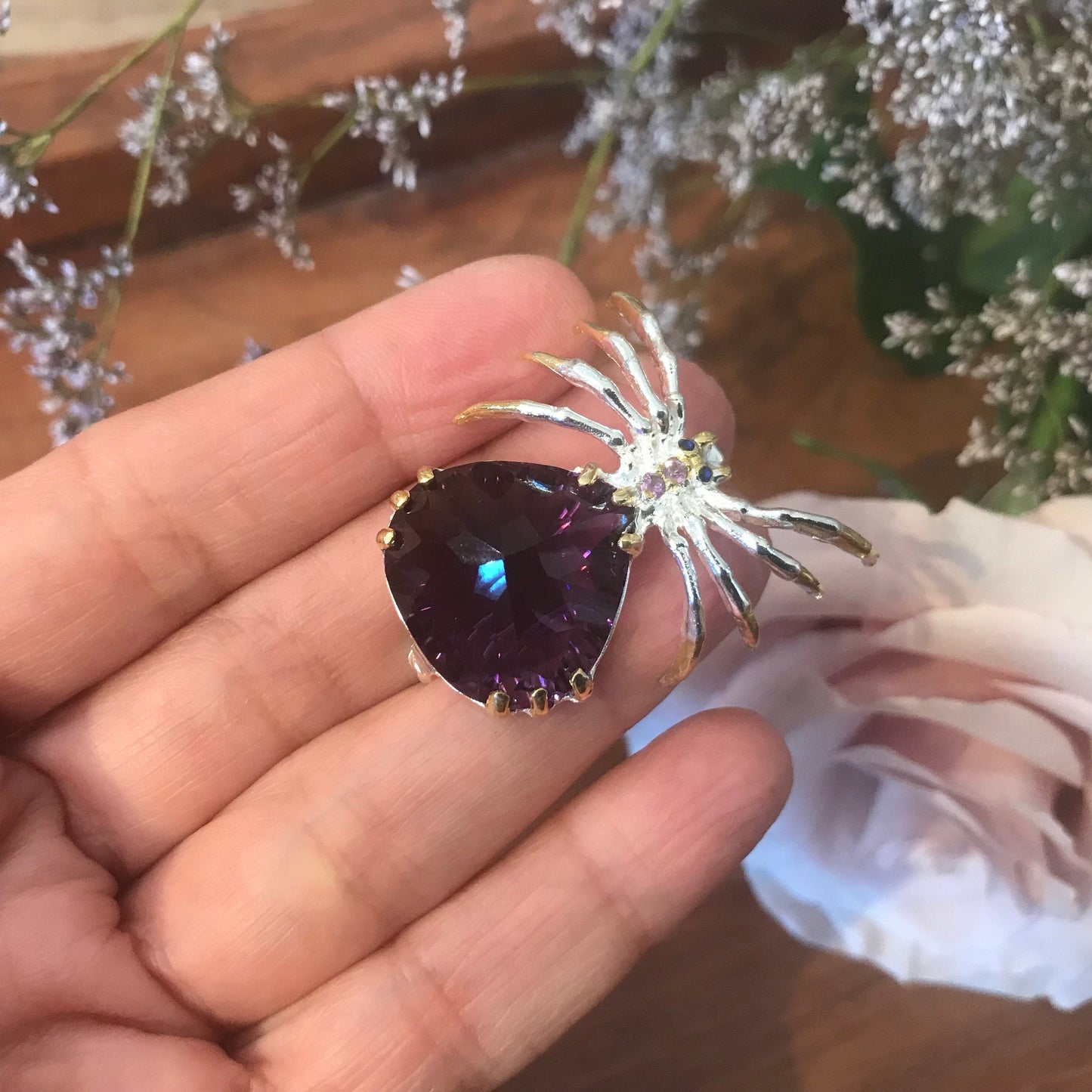 Sterling silver amethyst spider brooch pin art collectible Colors Of Etnika