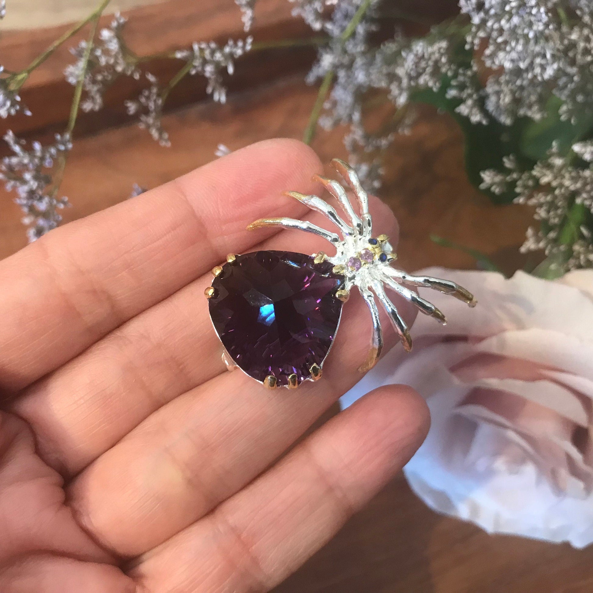 Sterling silver amethyst spider brooch pin art collectible Colors Of Etnika