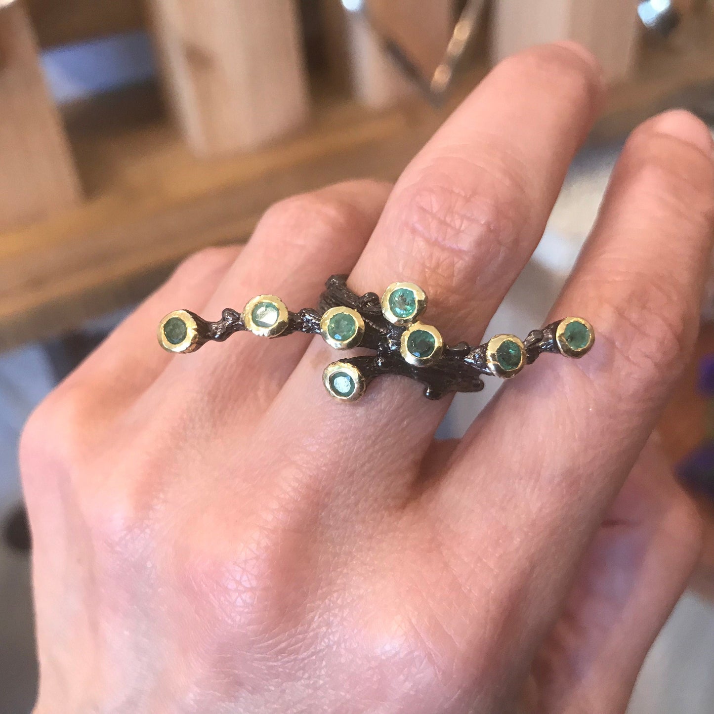 Sterling Silver natural art branch emerald twig ring 8 Colors Of Etnika