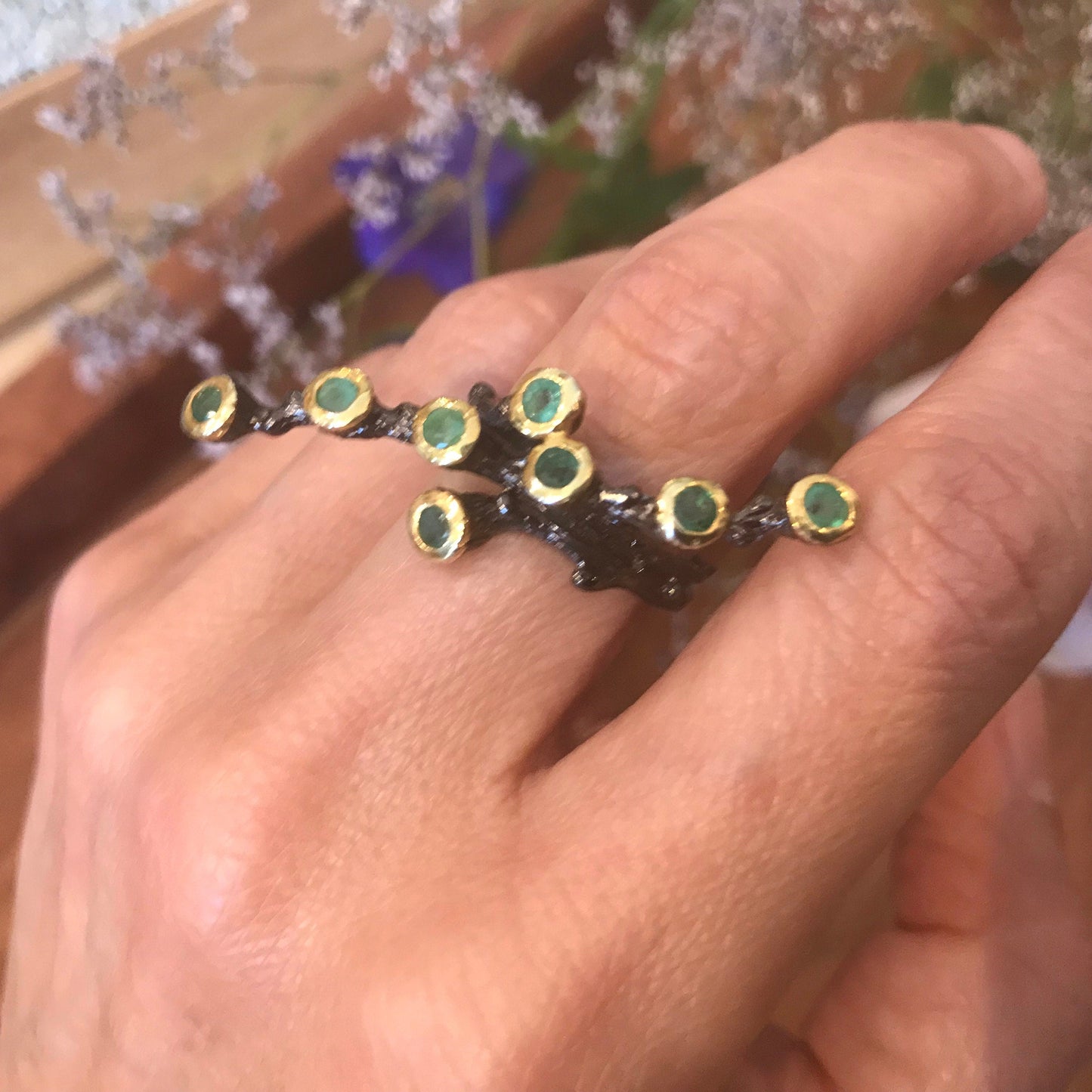 Sterling Silver natural art branch emerald twig ring 8 Colors Of Etnika