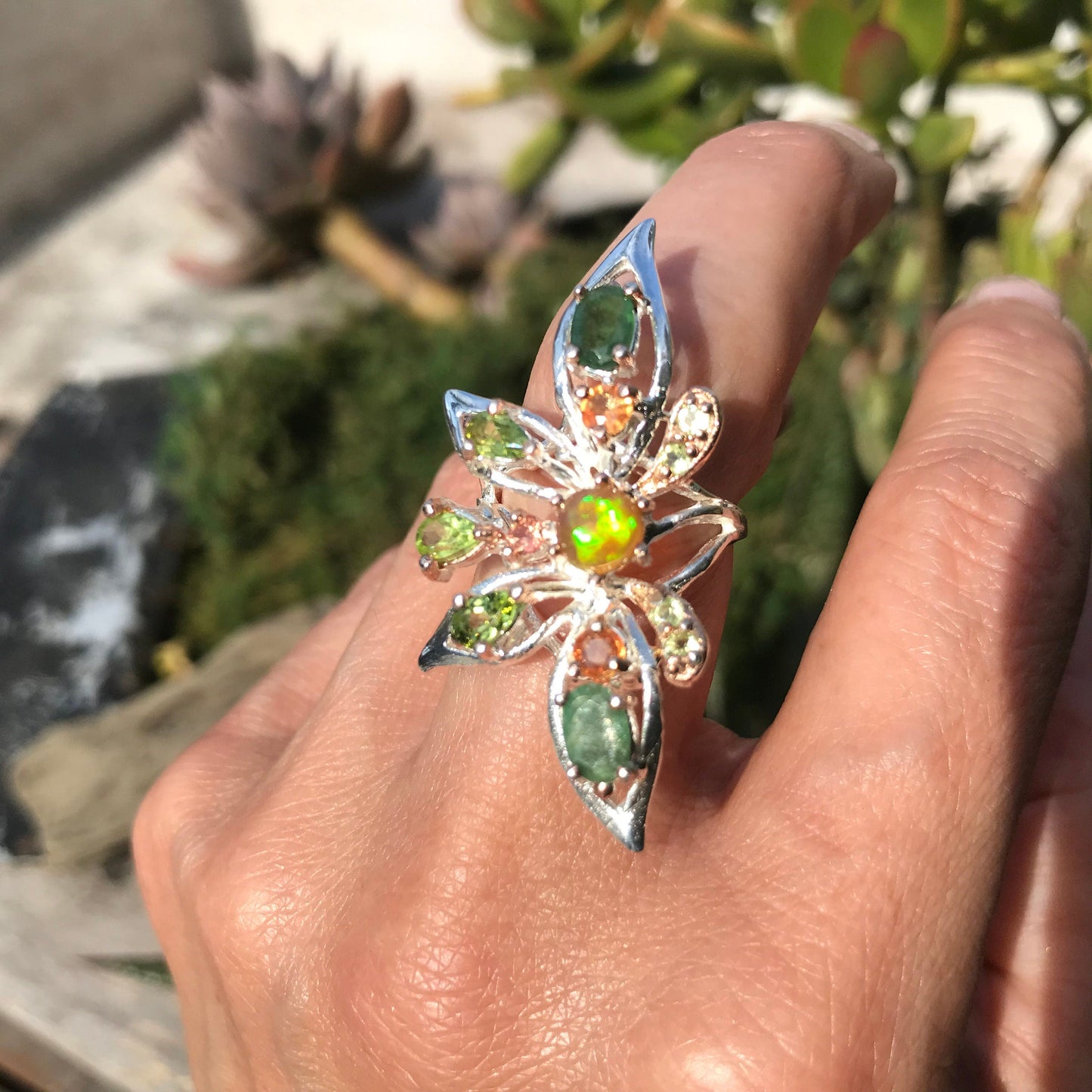 Sterling Silver flash Opal emerald statement butterfly Ring 6.5 Colors Of Etnika