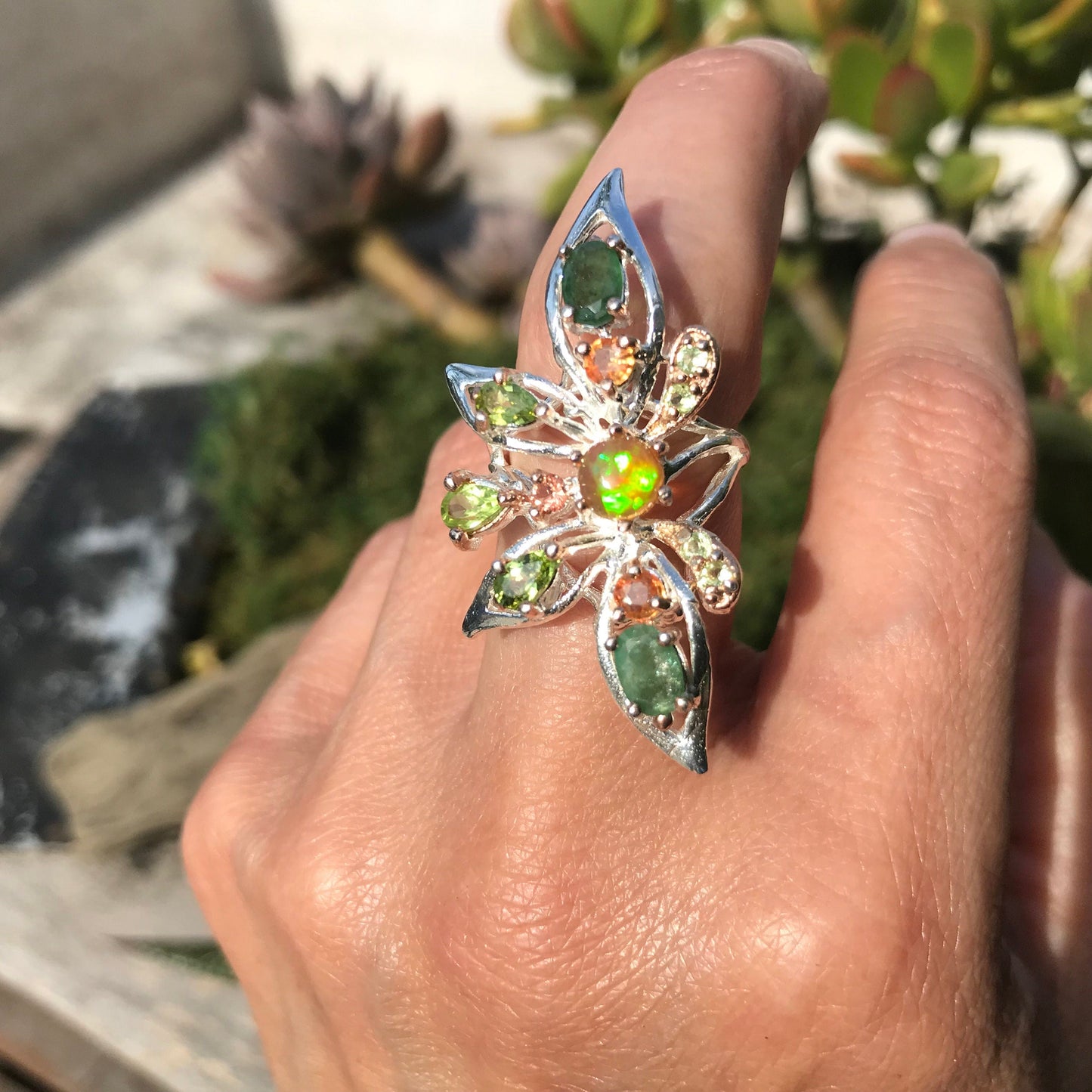Sterling Silver flash Opal emerald statement butterfly Ring 6.5 Colors Of Etnika