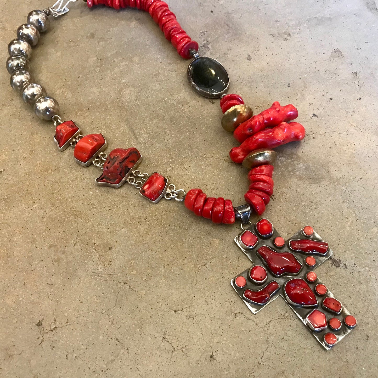 sterling silver Natural red  branch coral obsidian cross Statement necklace