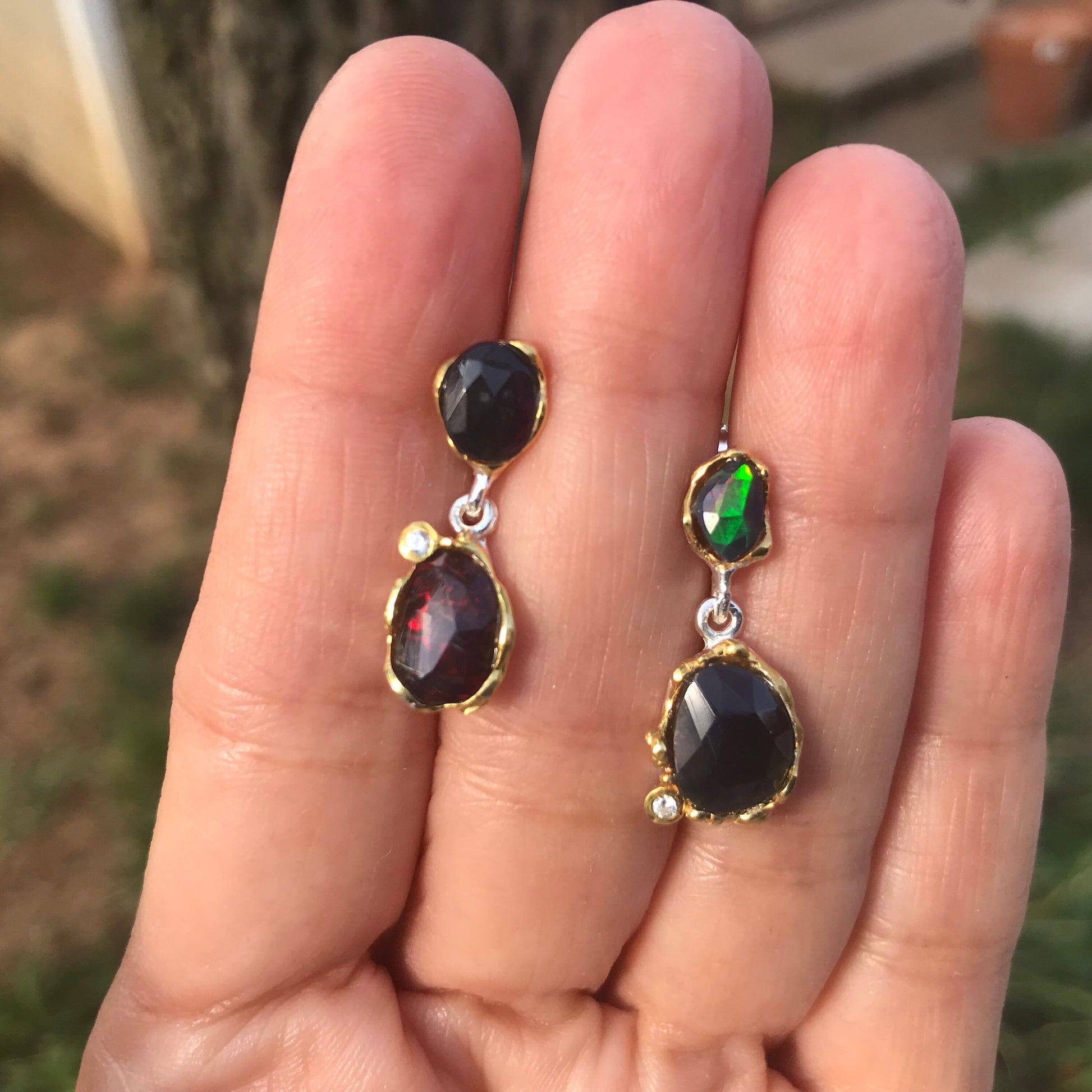 Sterling Silver Natural black red fire Opal heirloom dangle Earrings Colors Of Etnika