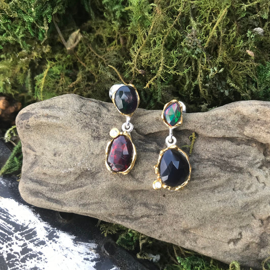 Sterling Silver Natural black red fire Opal heirloom dangle Earrings Colors Of Etnika