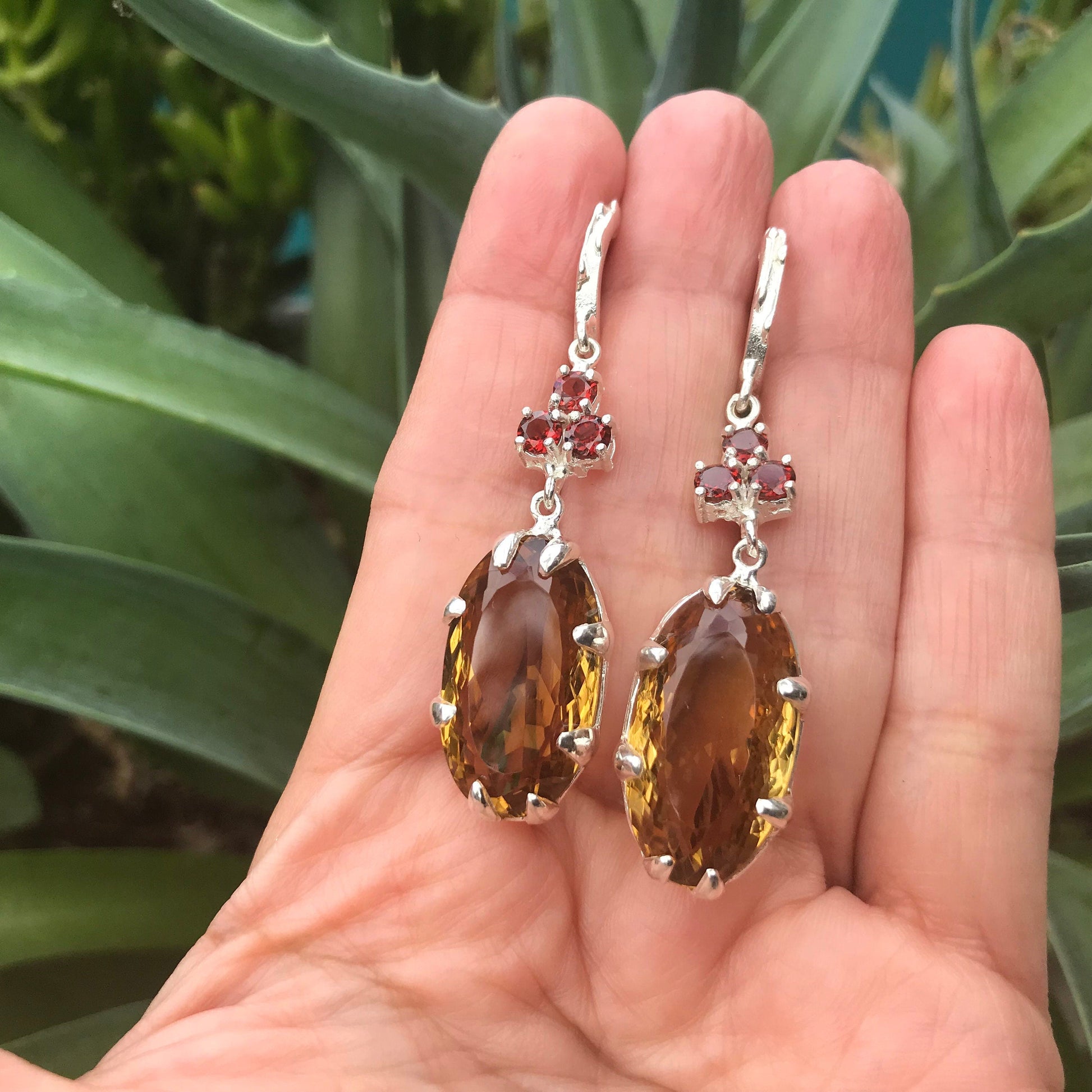sterling silver Natural Citrine Red garnet dangle Earrings Colors Of Etnika